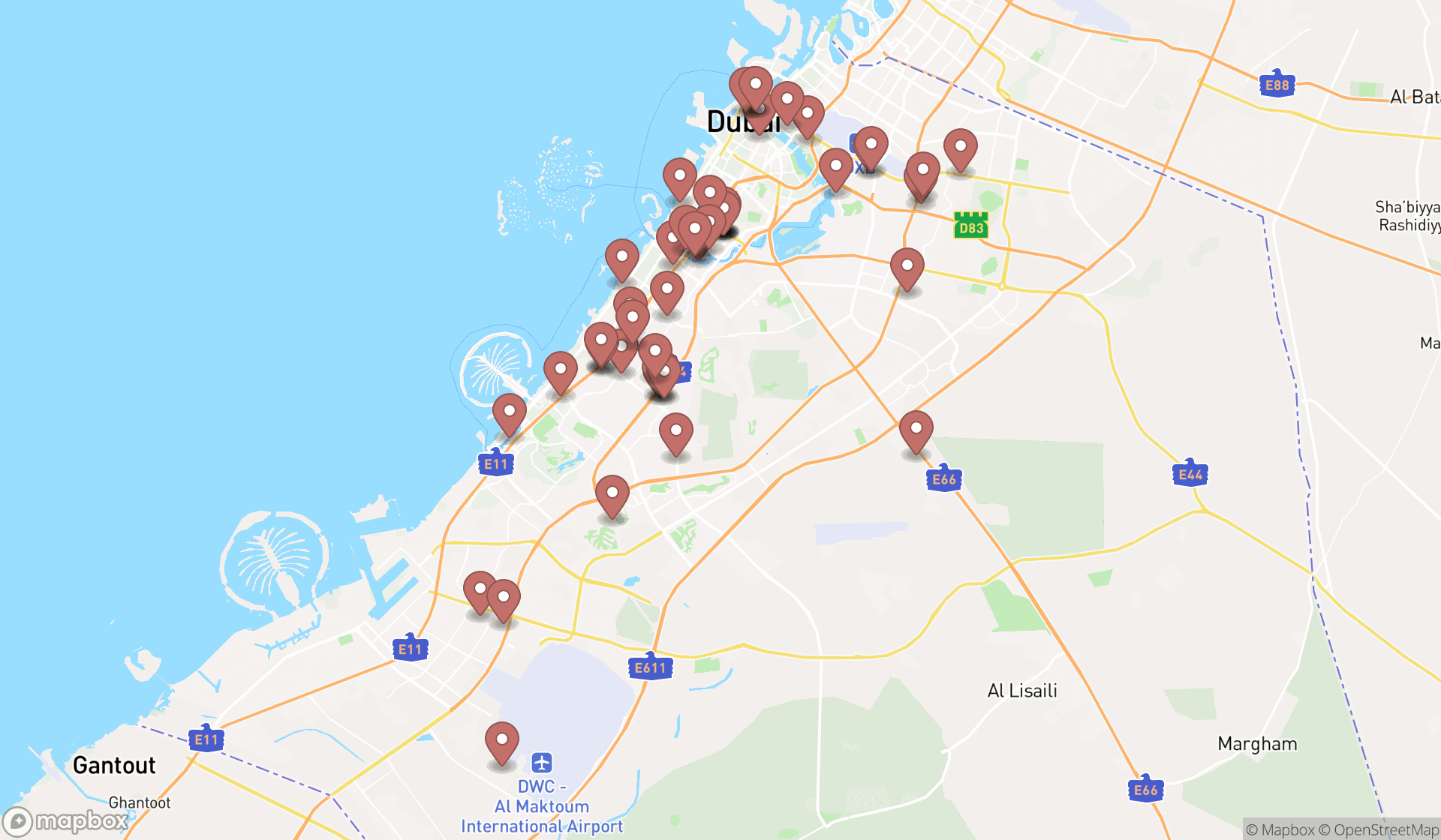 Map showing the search results in Dubai