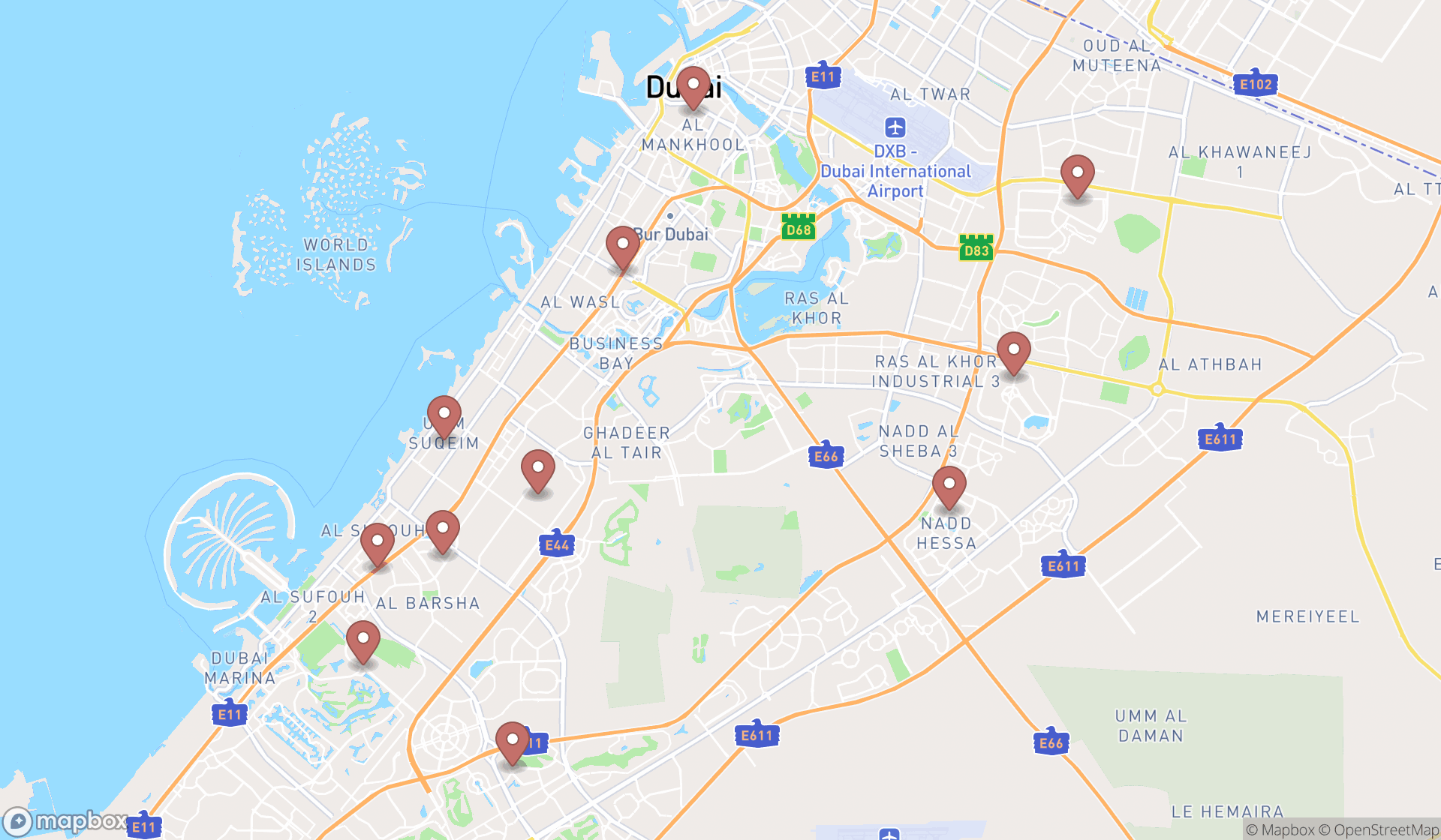 Map showing the search results in Dubai