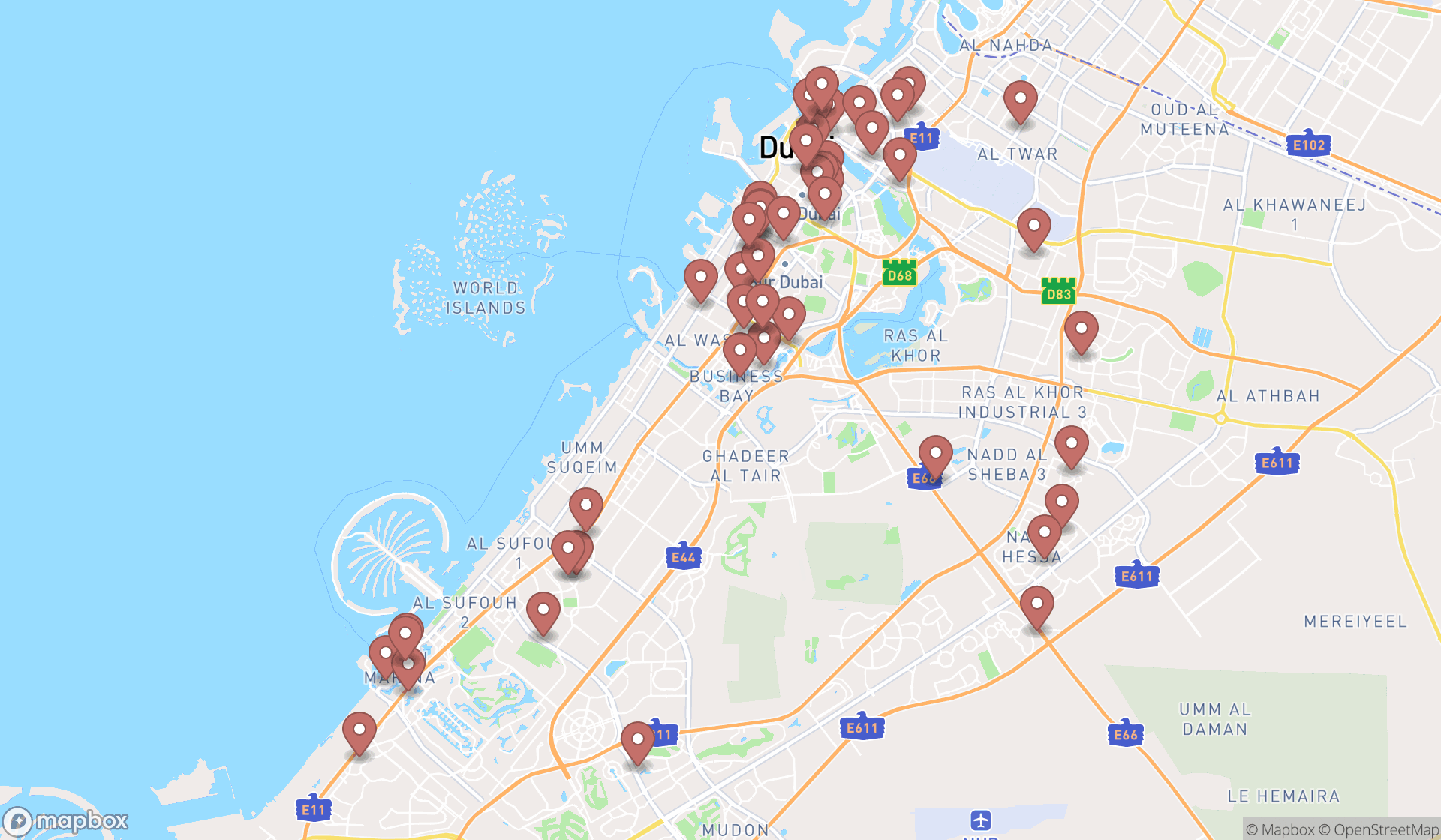 Map showing the search results in Dubai