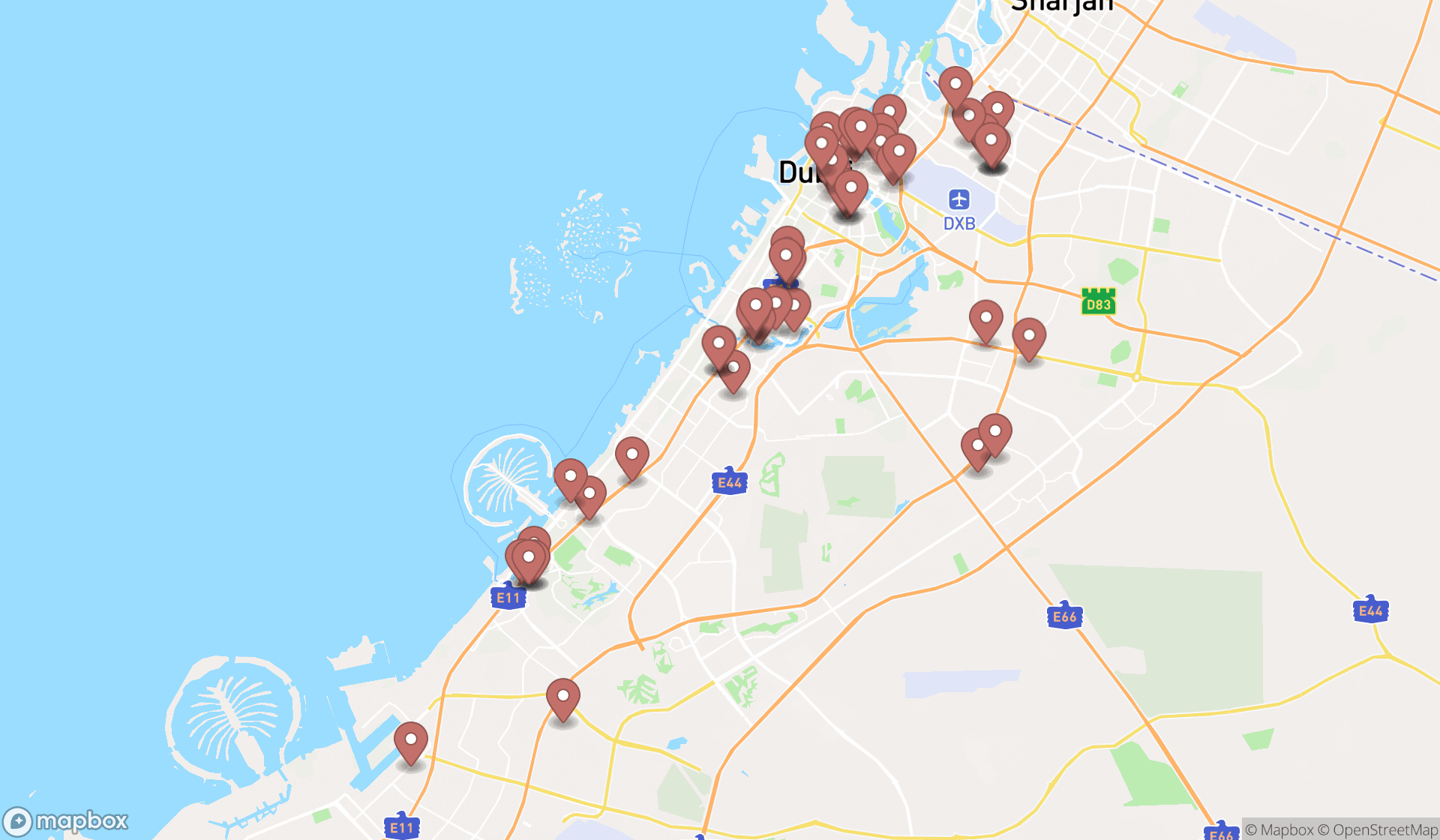 Map showing the search results in Dubai