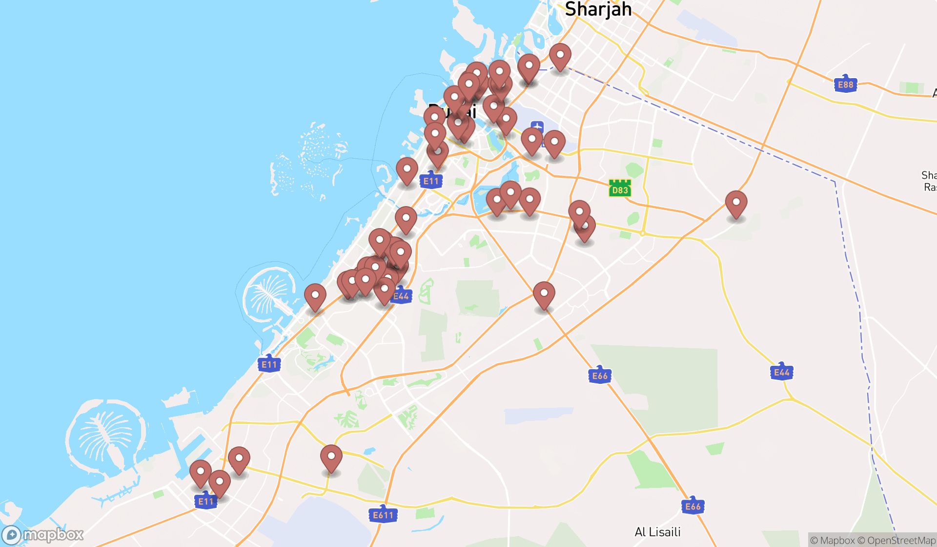 Map showing the search results in Dubai