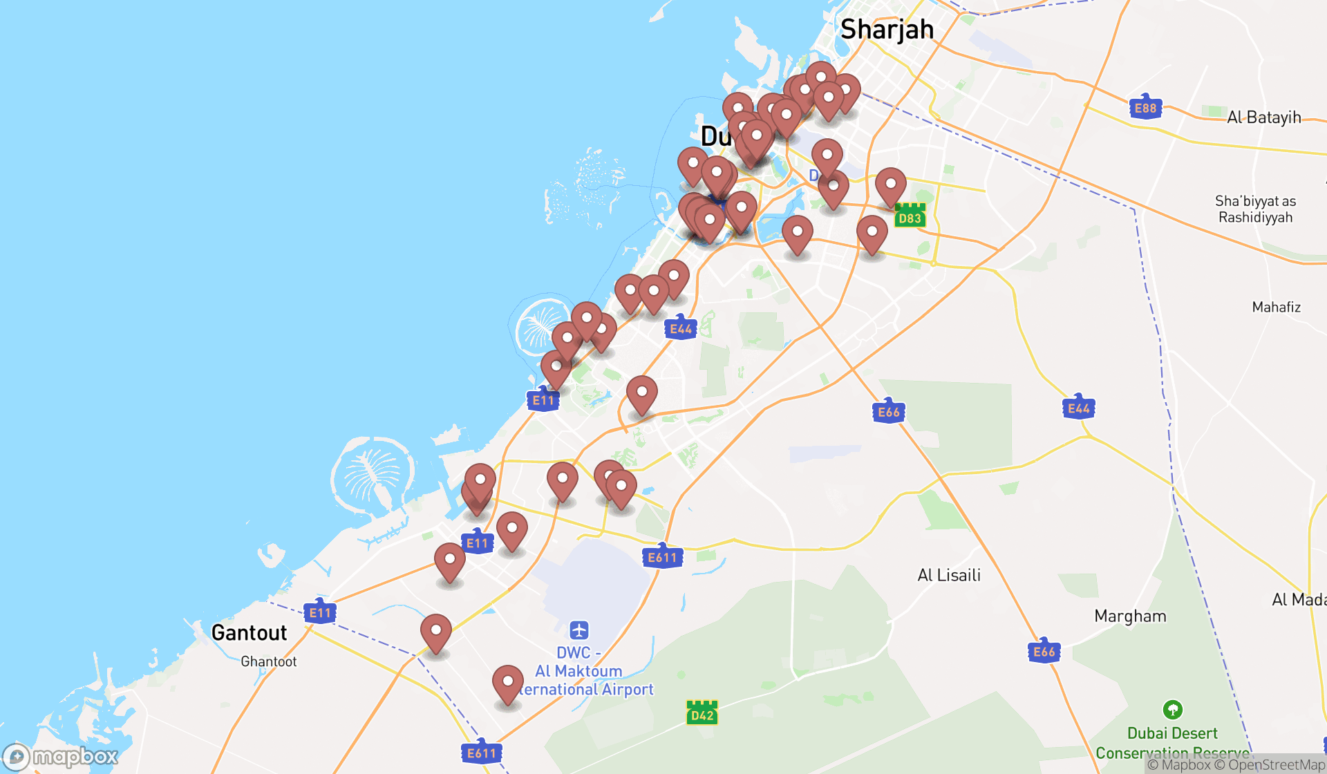 Map showing the search results in Dubai