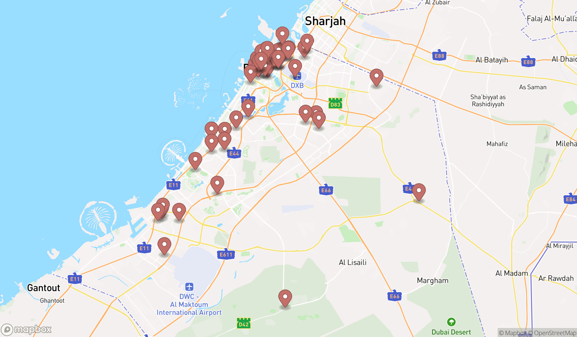 Map showing the search results in Dubai