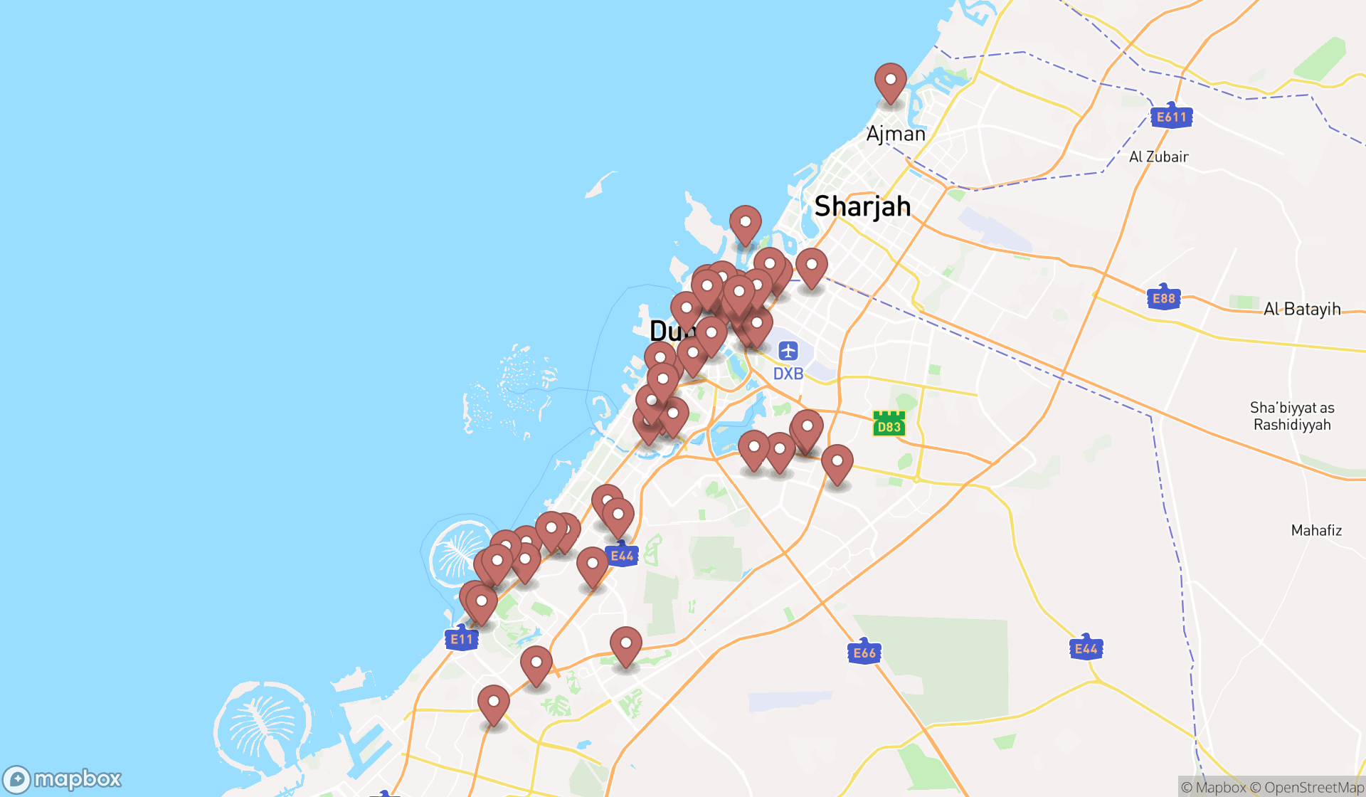 Map showing the search results in Dubai