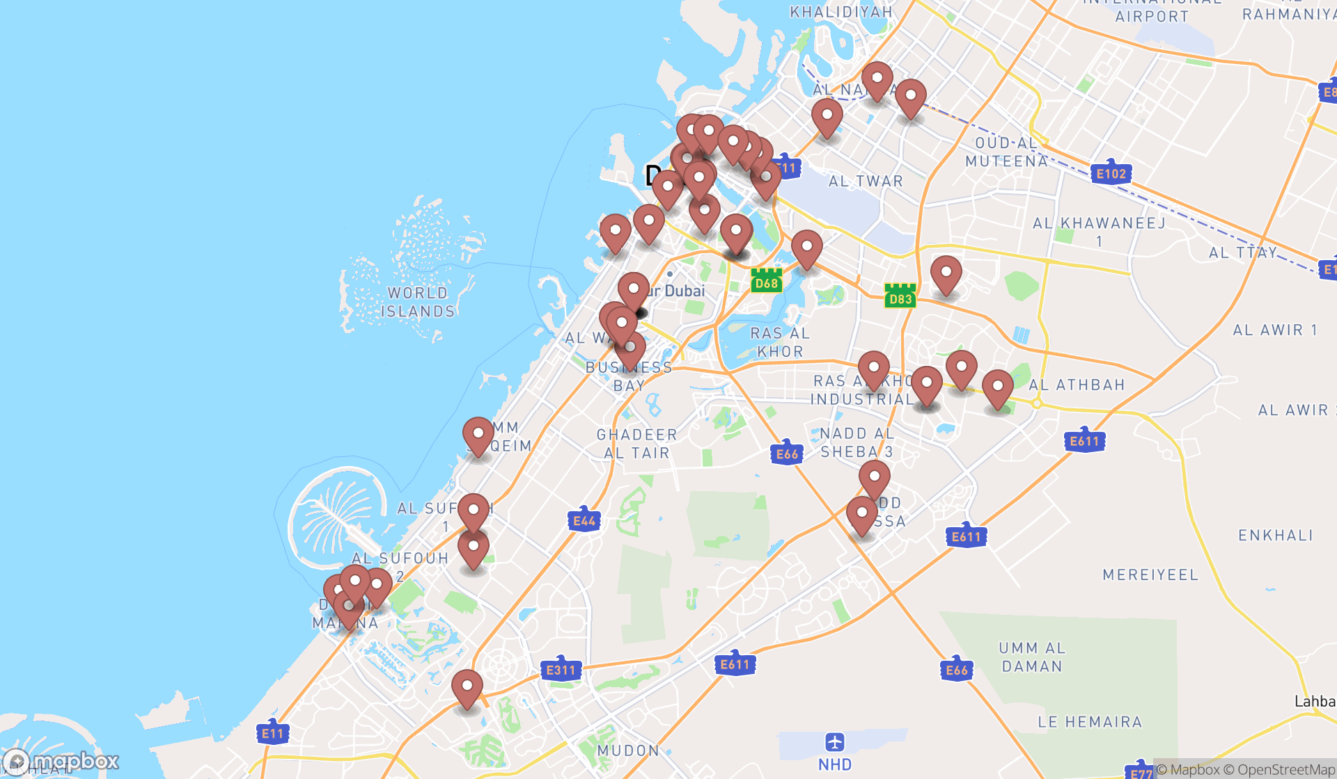 Map showing the search results in Dubai