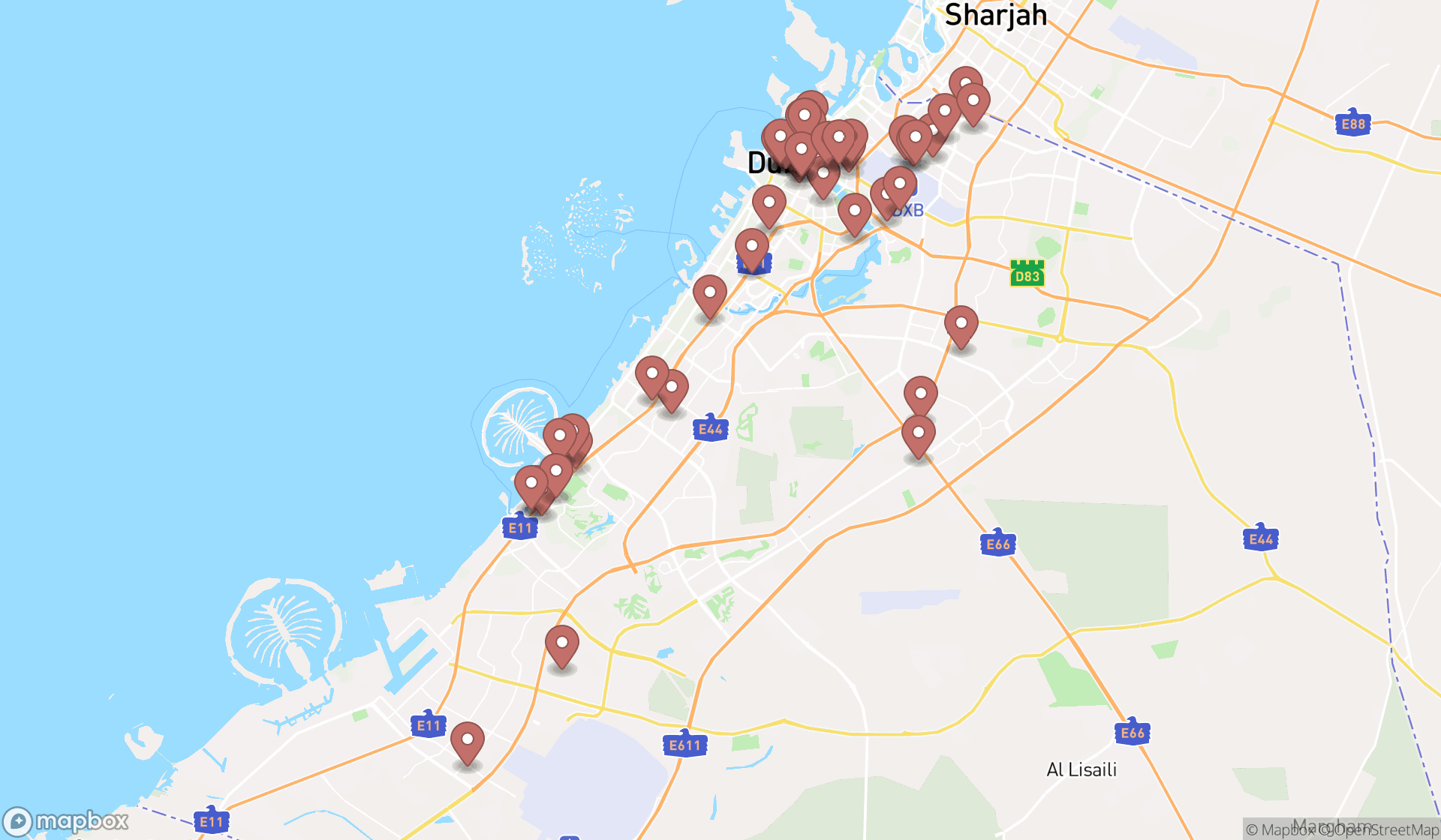 Map showing the search results in Dubai