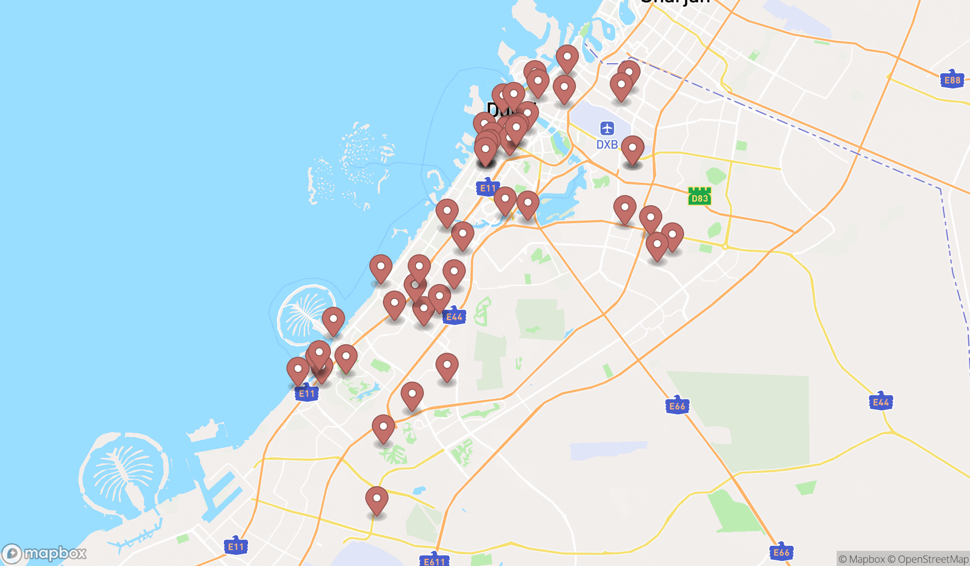 Map showing the search results in Dubai