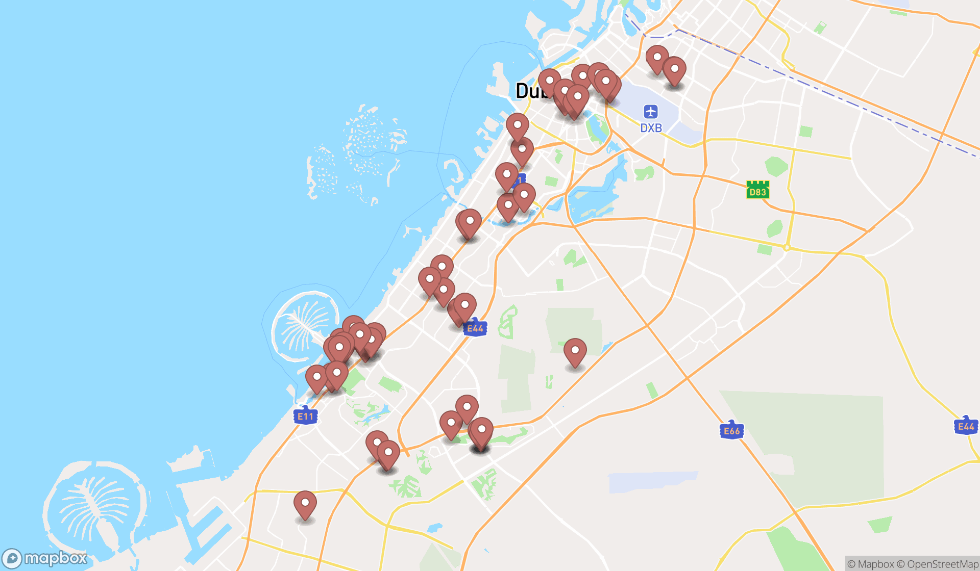 Map showing the search results in Dubai