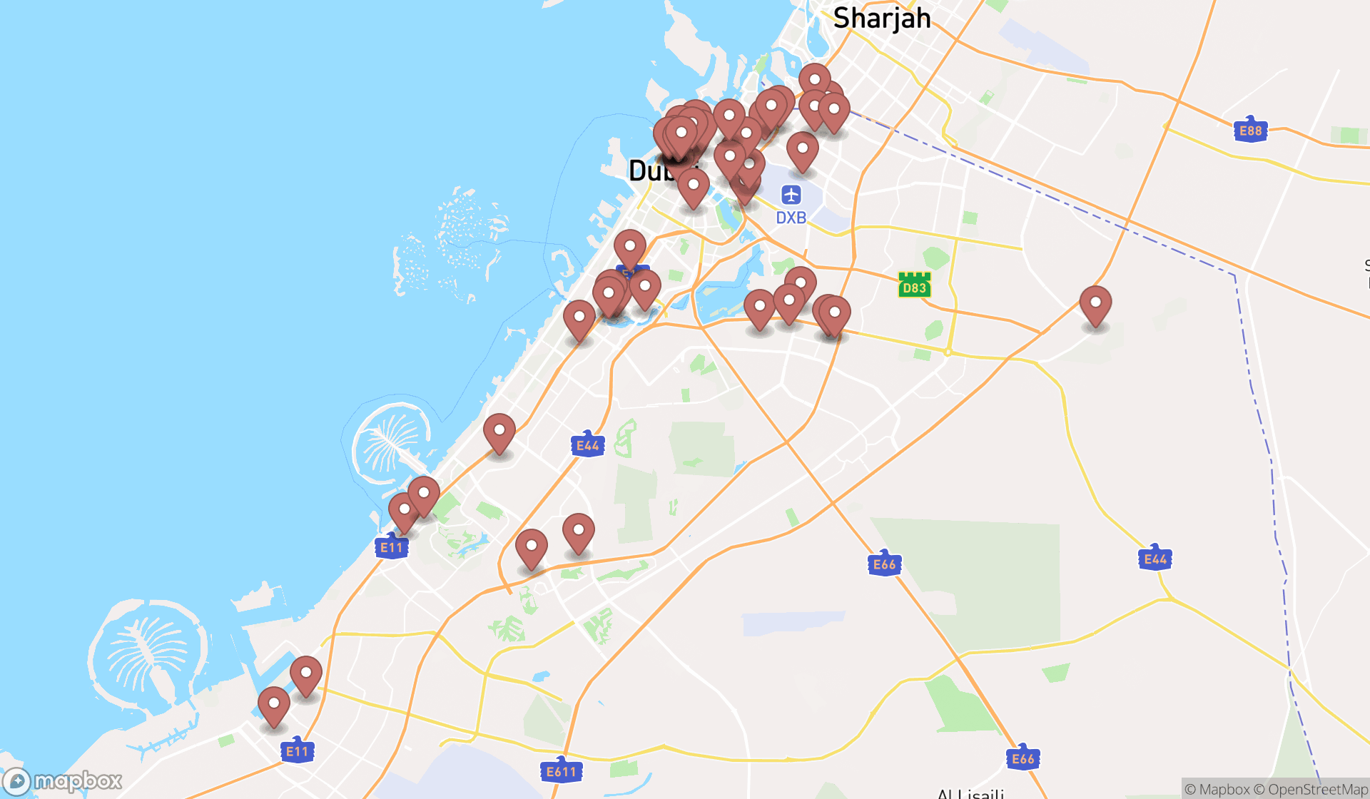 Map showing the search results in Dubai