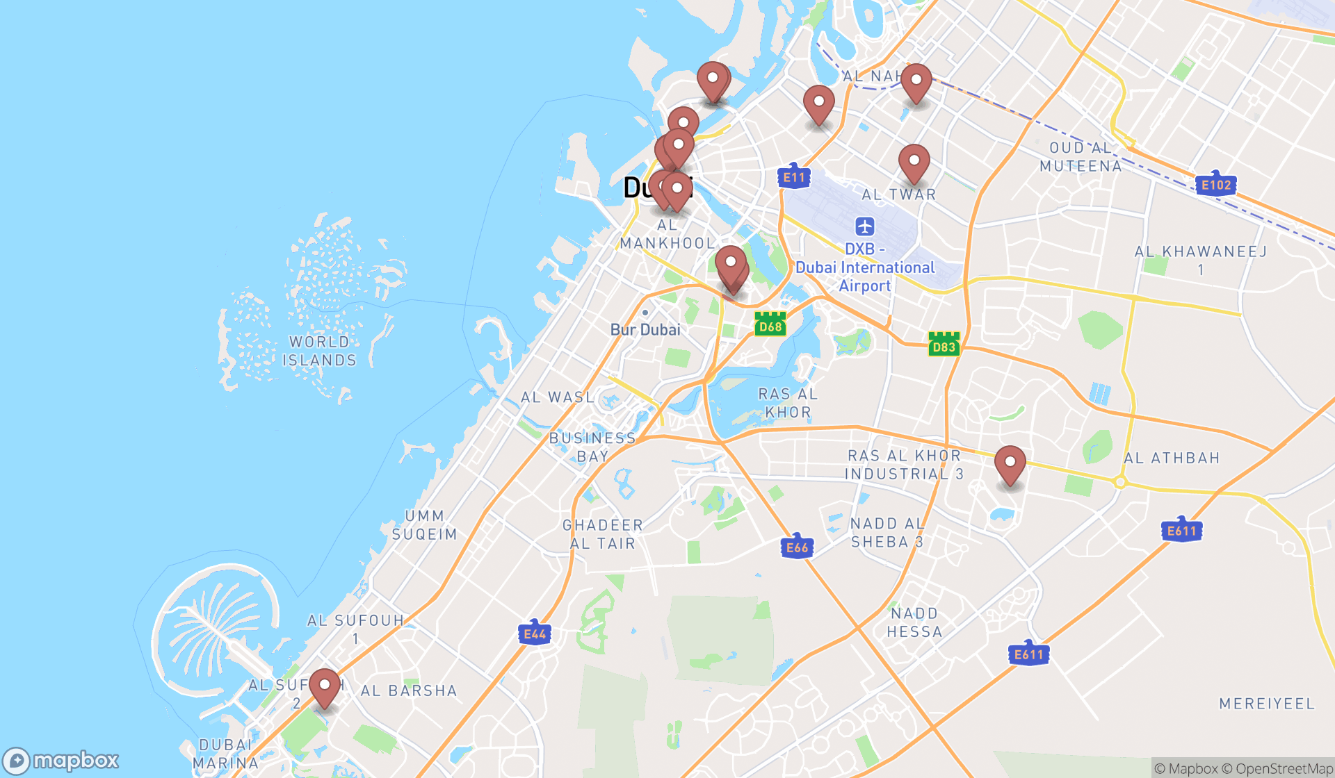 Map showing the search results in Dubai