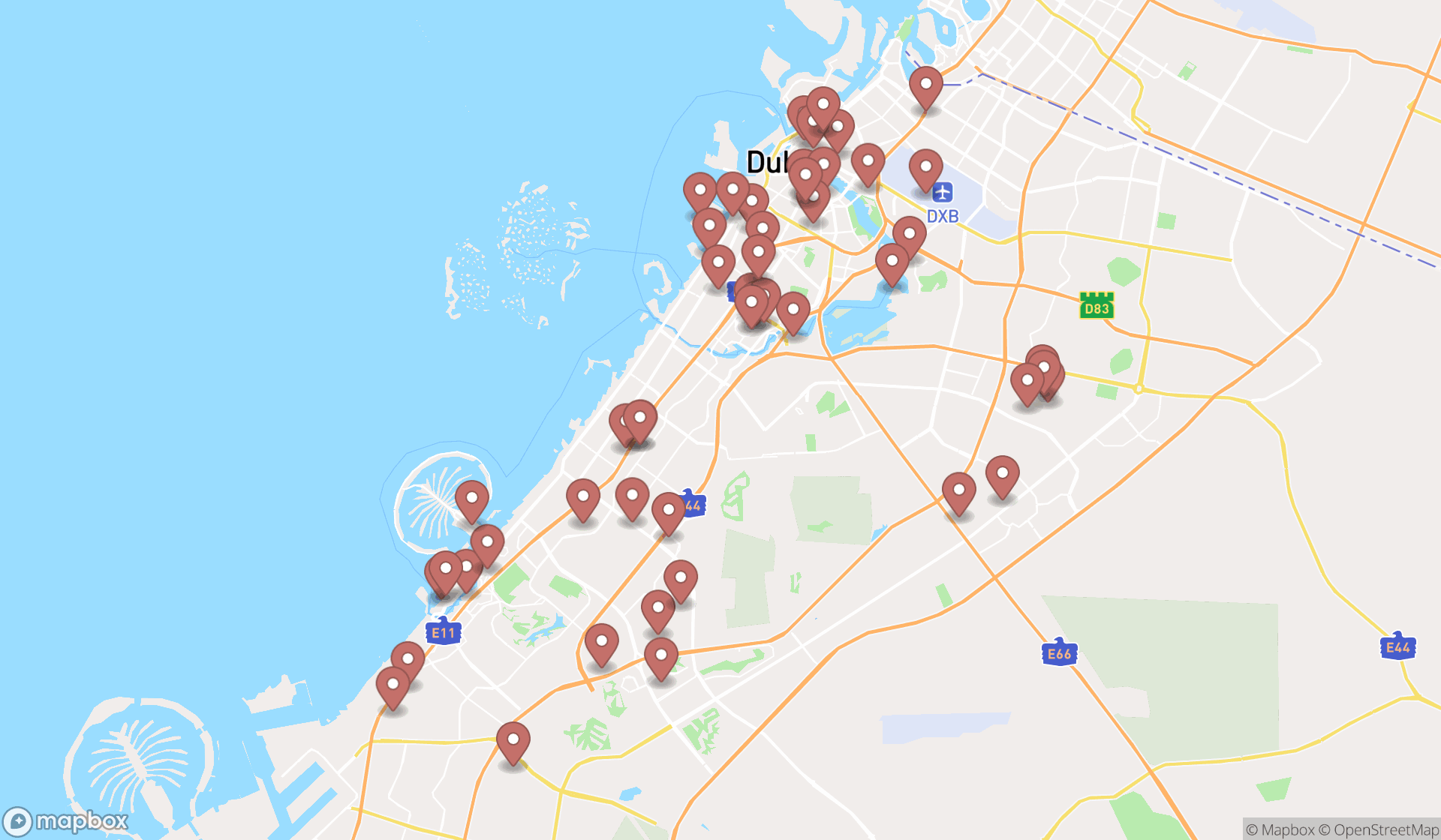 Map showing the search results in Dubai