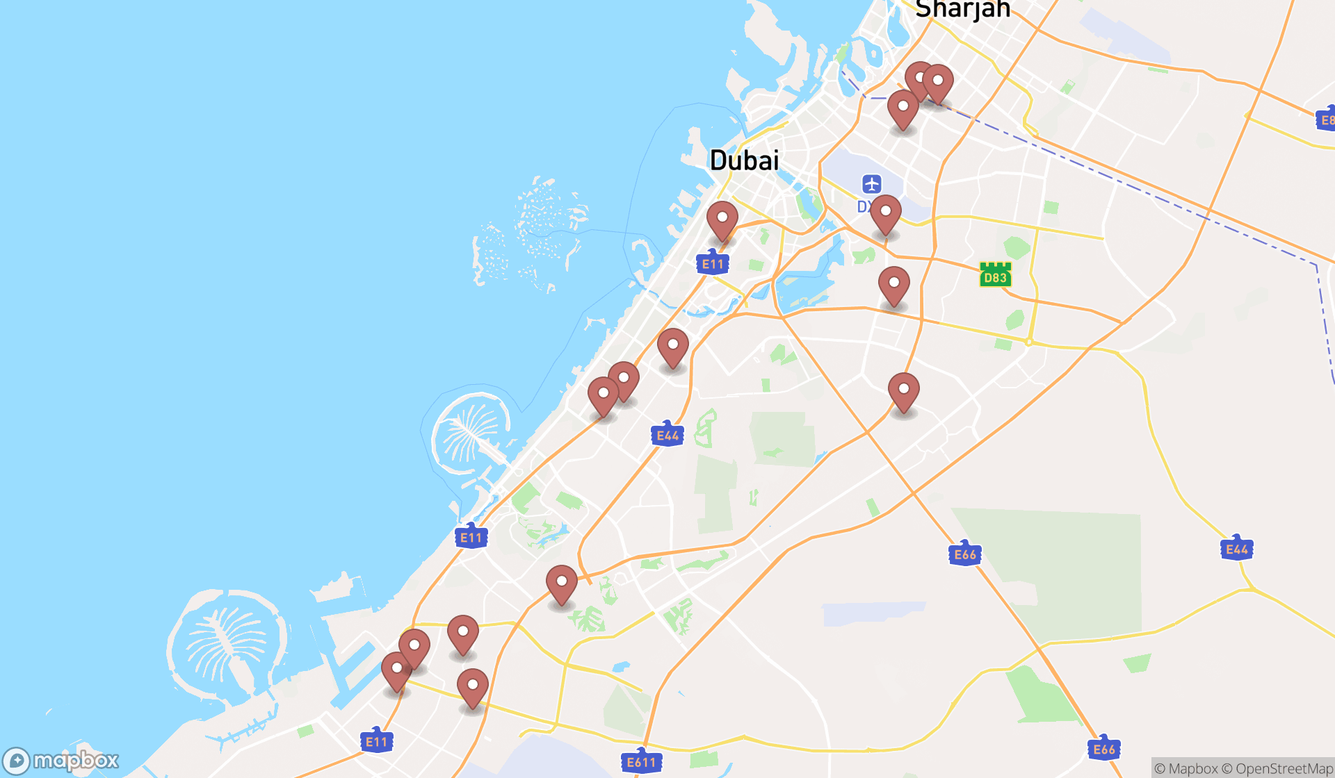 Map showing the search results in Dubai