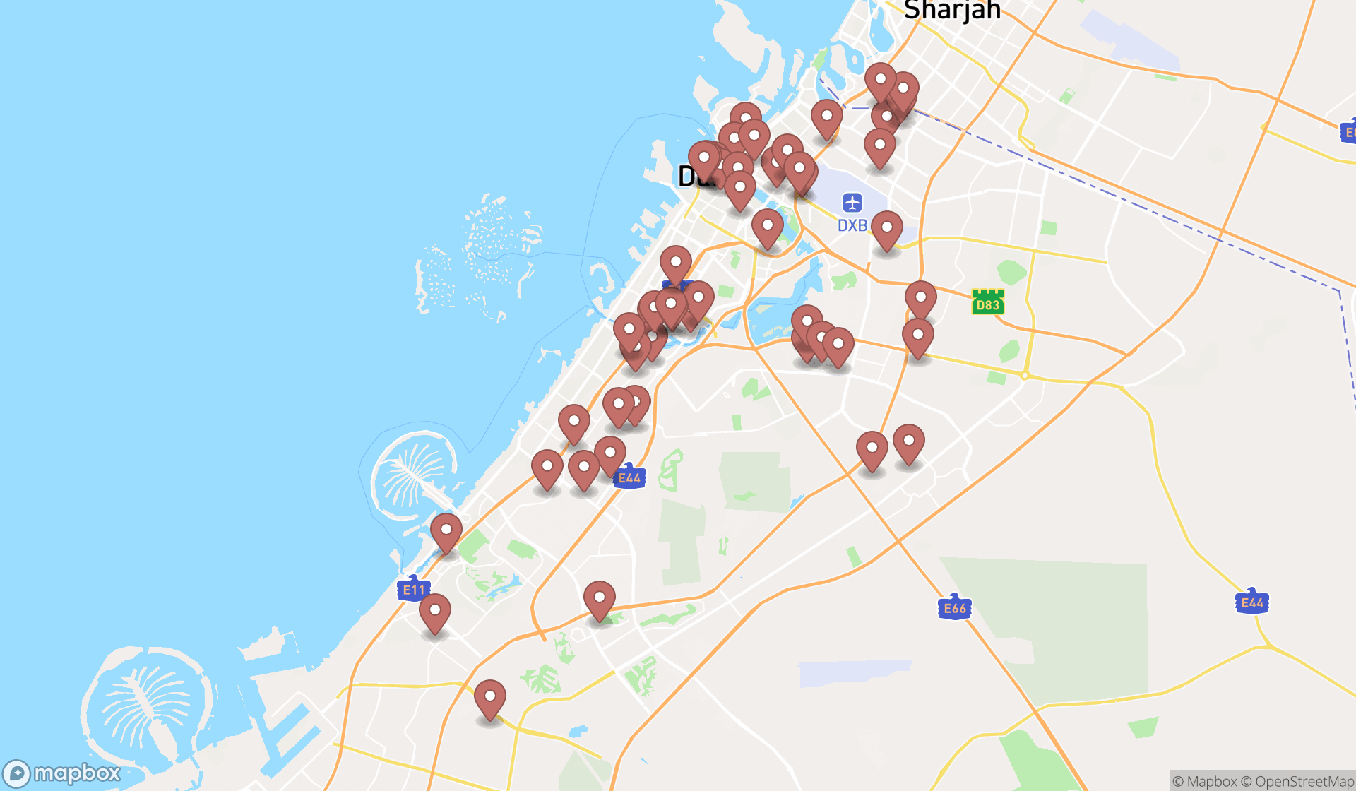 Map showing the search results in Dubai