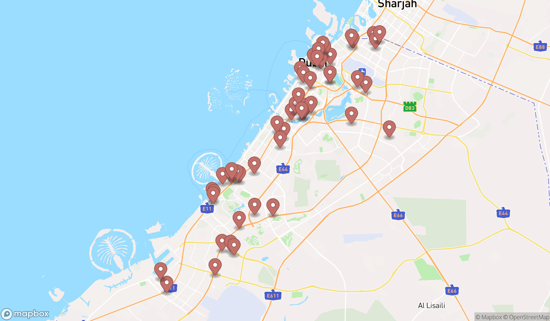 Map showing the search results in Dubai