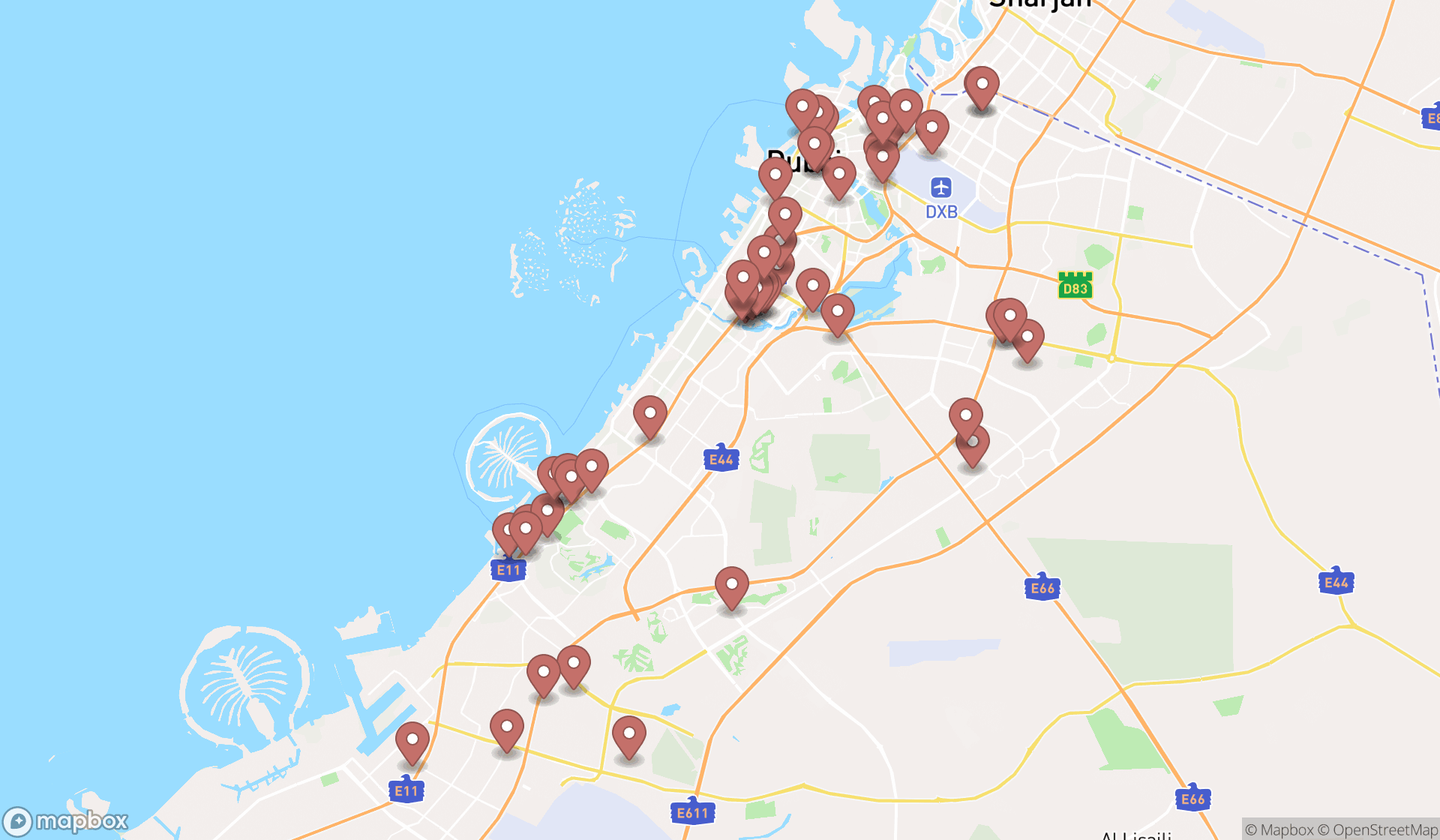 Map showing the search results in Dubai