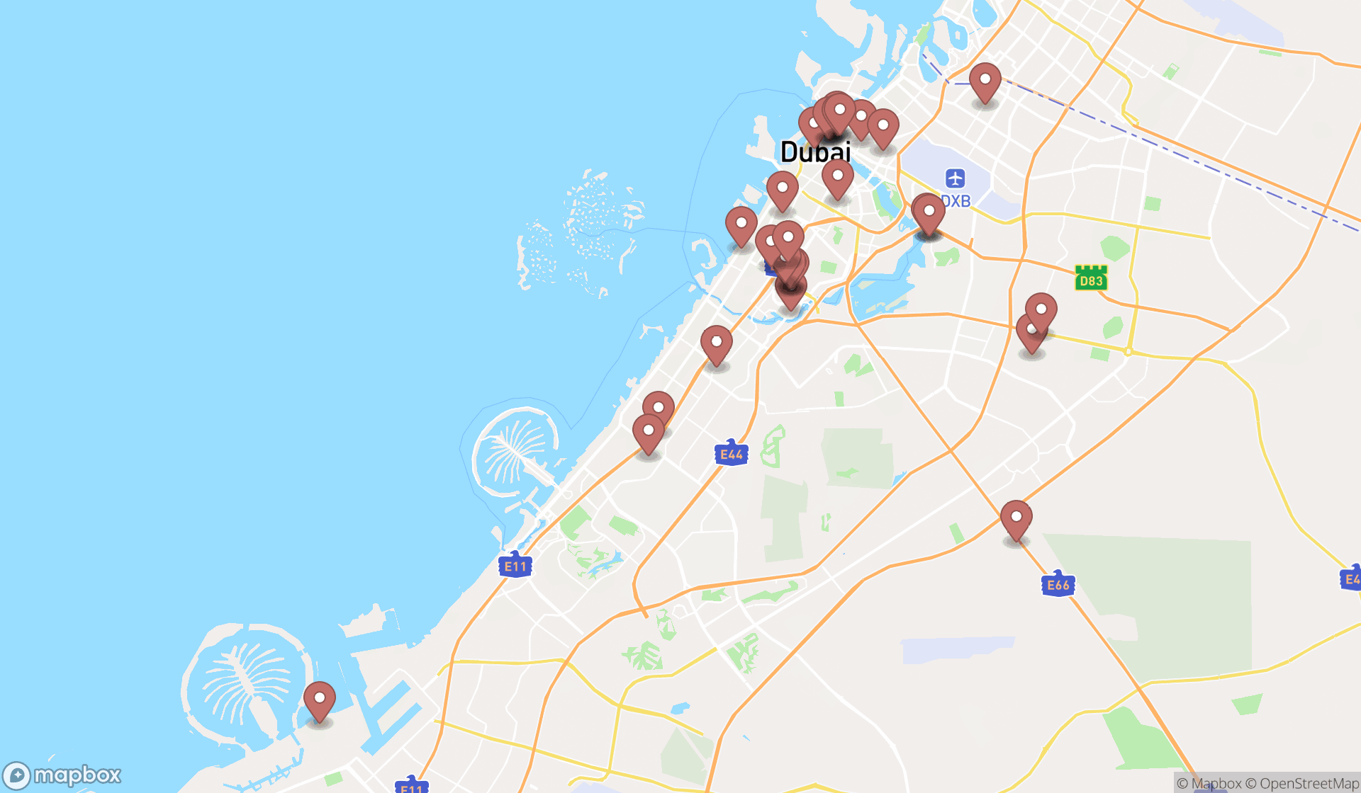 Map showing the search results in Dubai