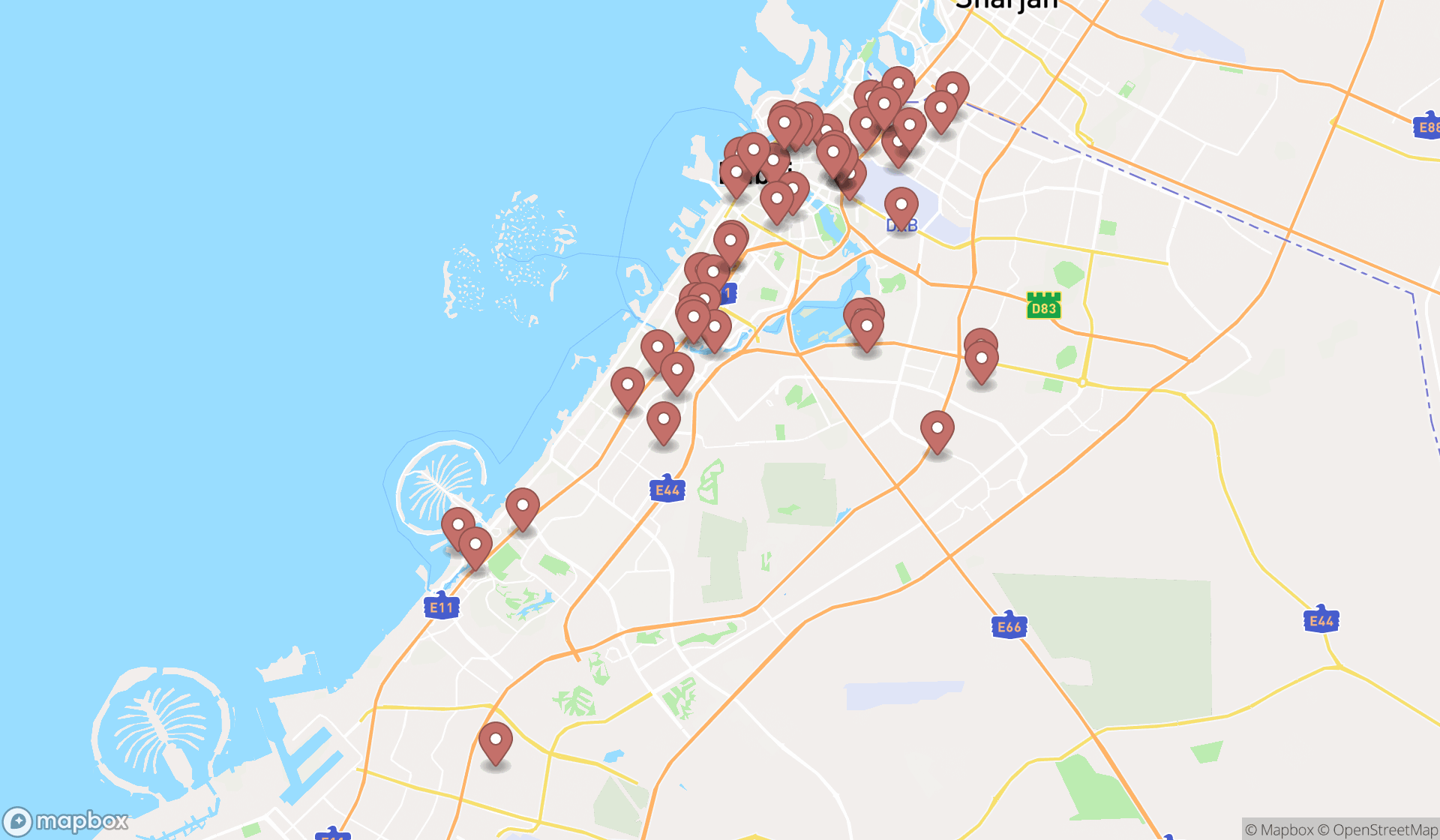Map showing the search results in Dubai