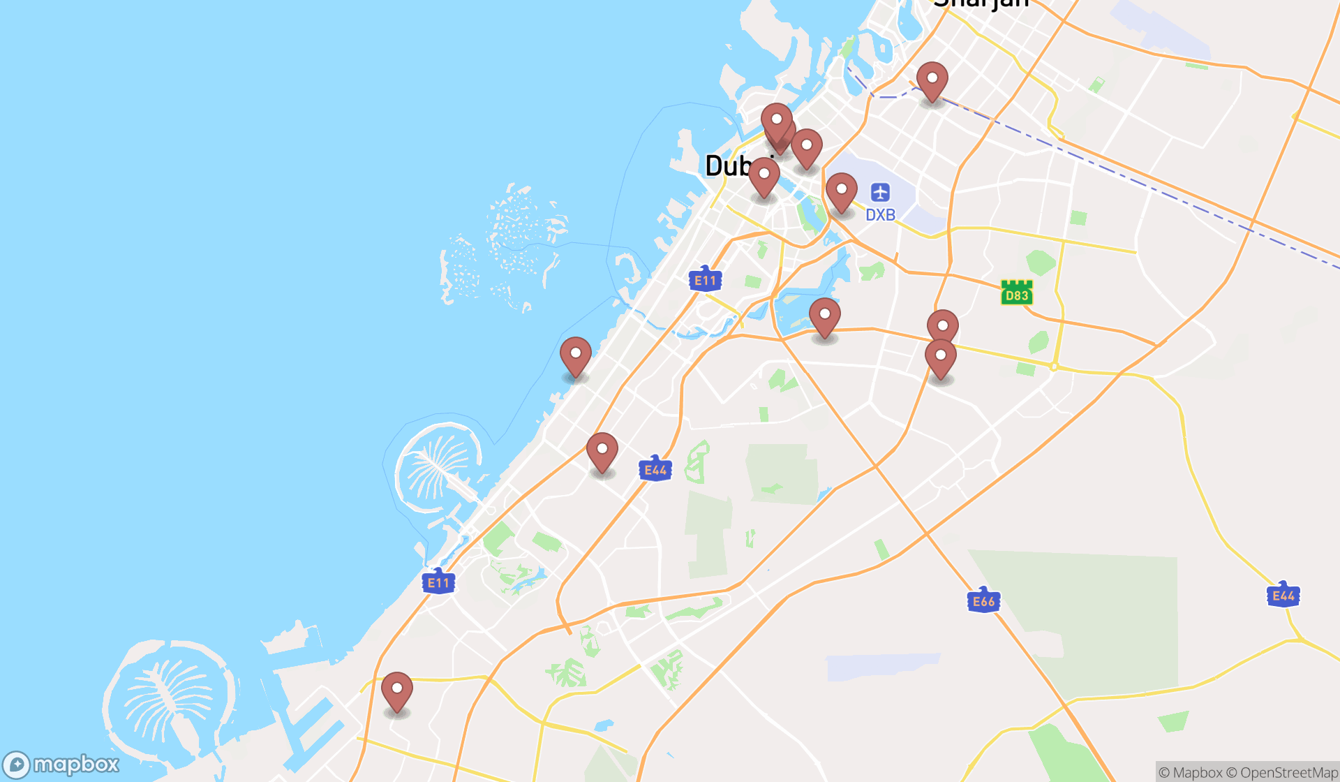 Map showing the search results in Dubai