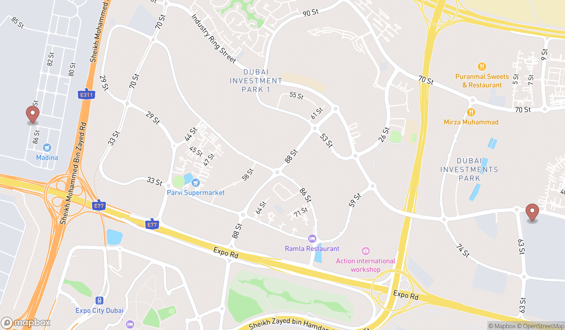 Map showing the search results in Dubai