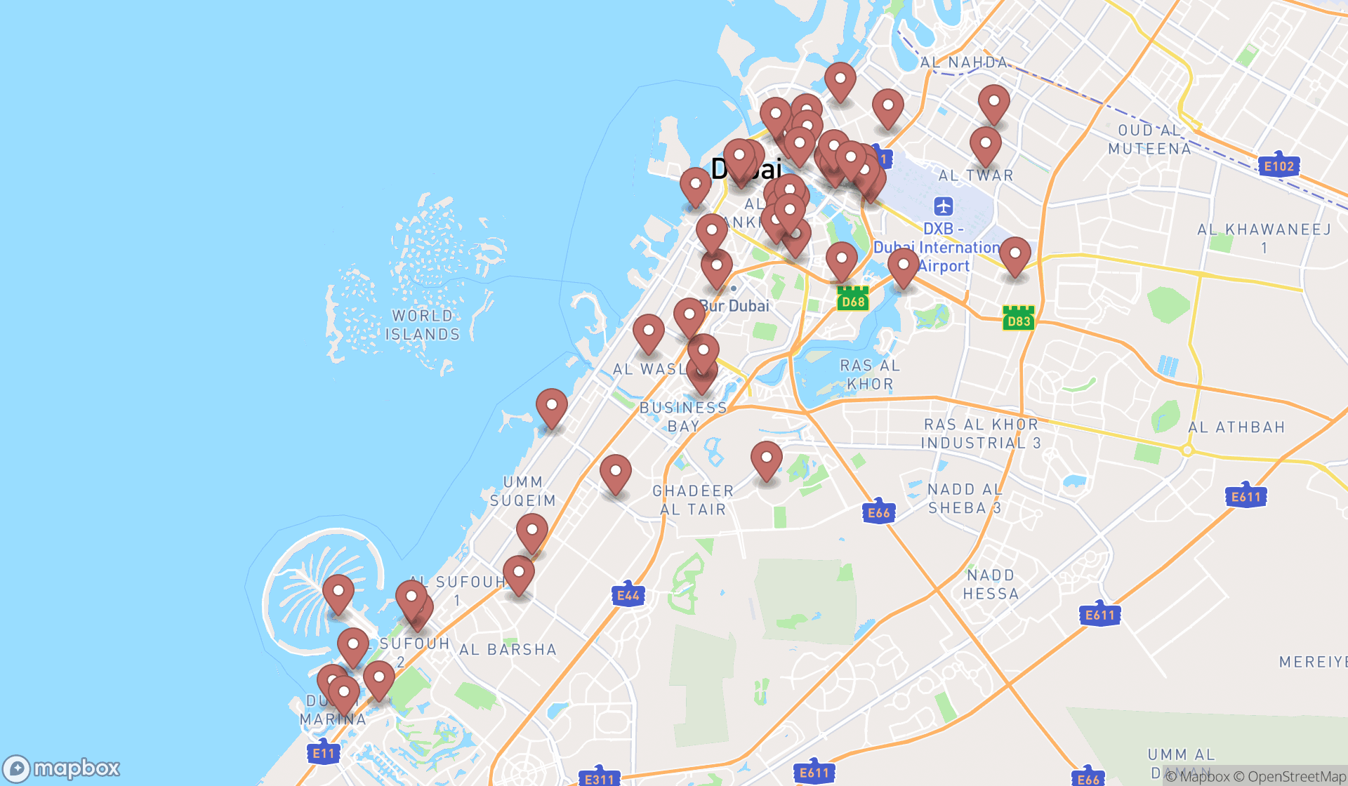 Map showing the search results in Dubai