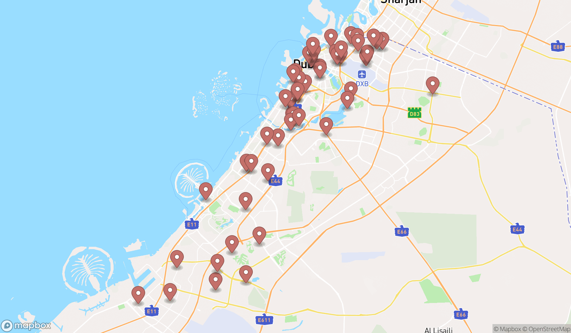 Map showing the search results in Dubai