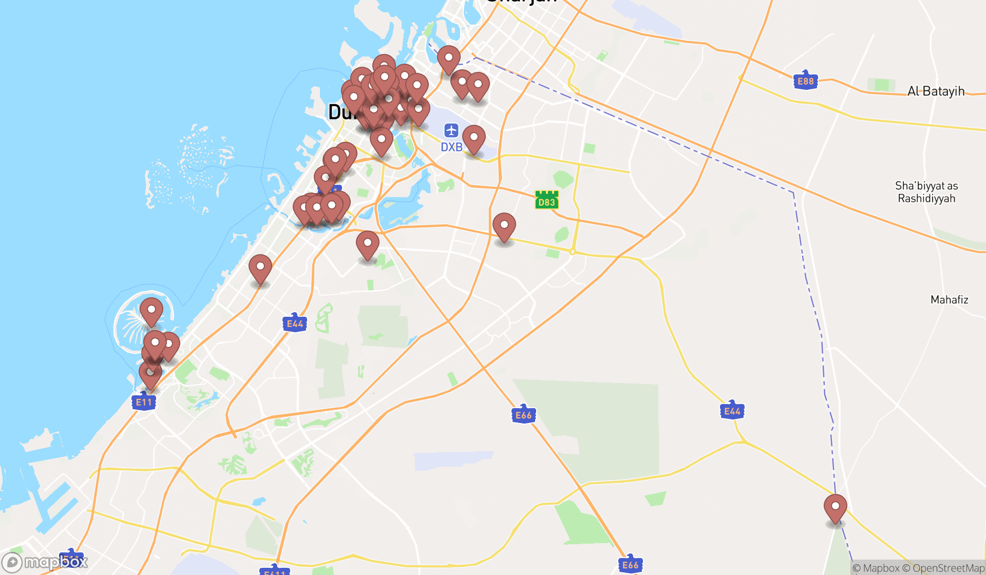 Map showing the search results in Dubai