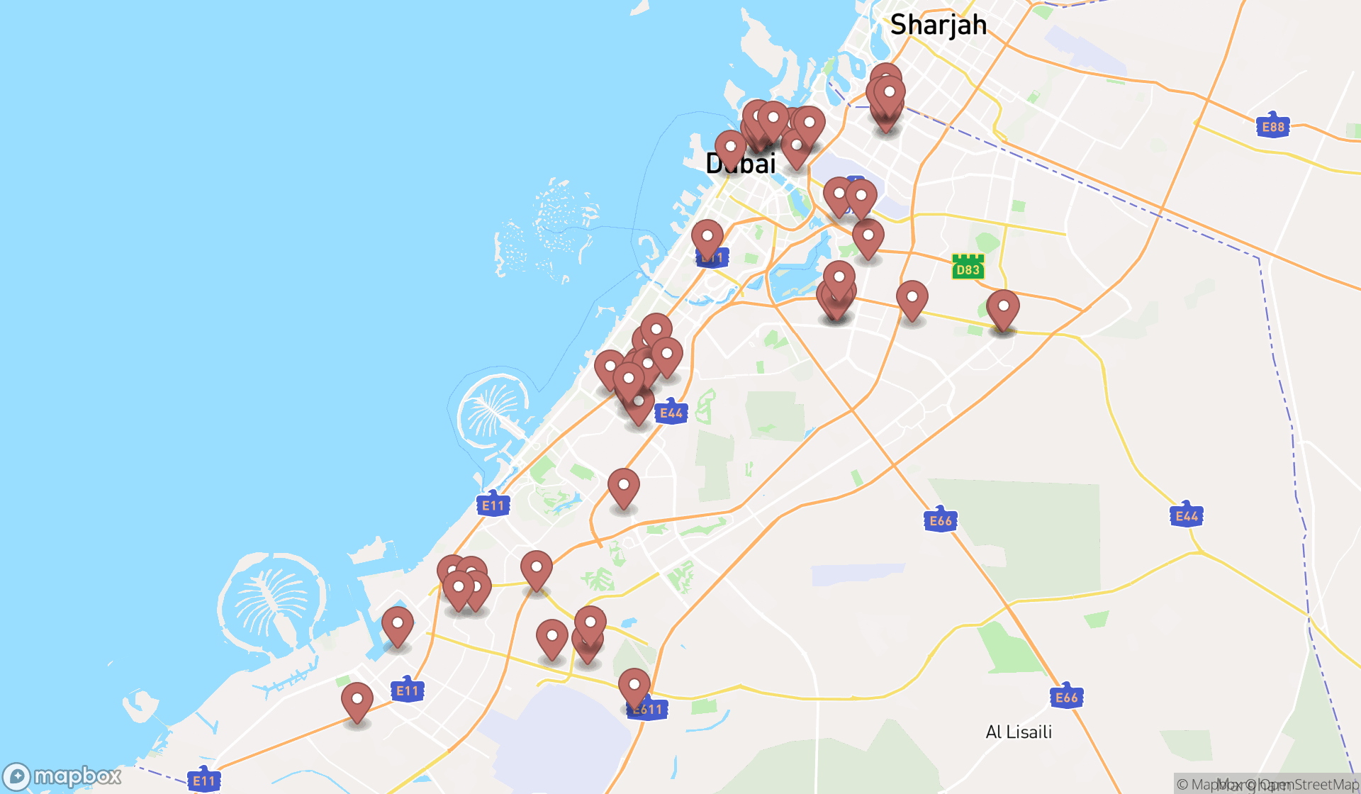 Map showing the search results in Dubai