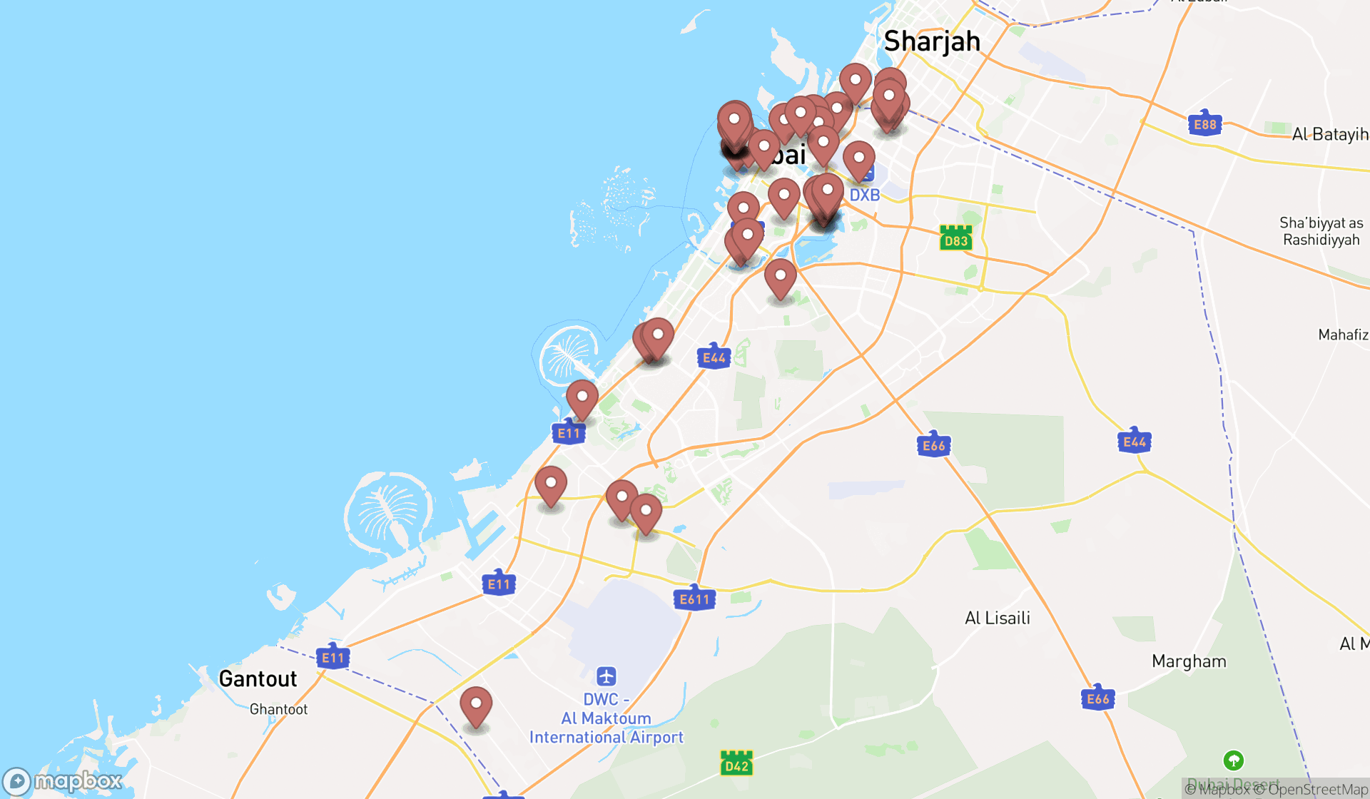 Map showing the search results in Dubai