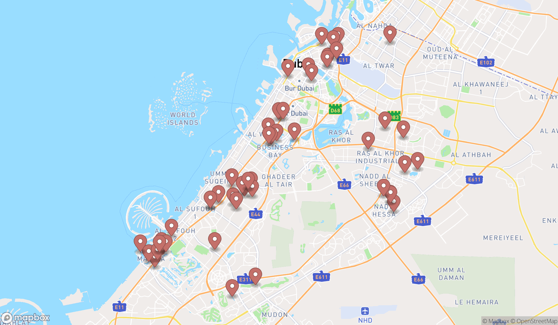 Map showing the search results in Dubai