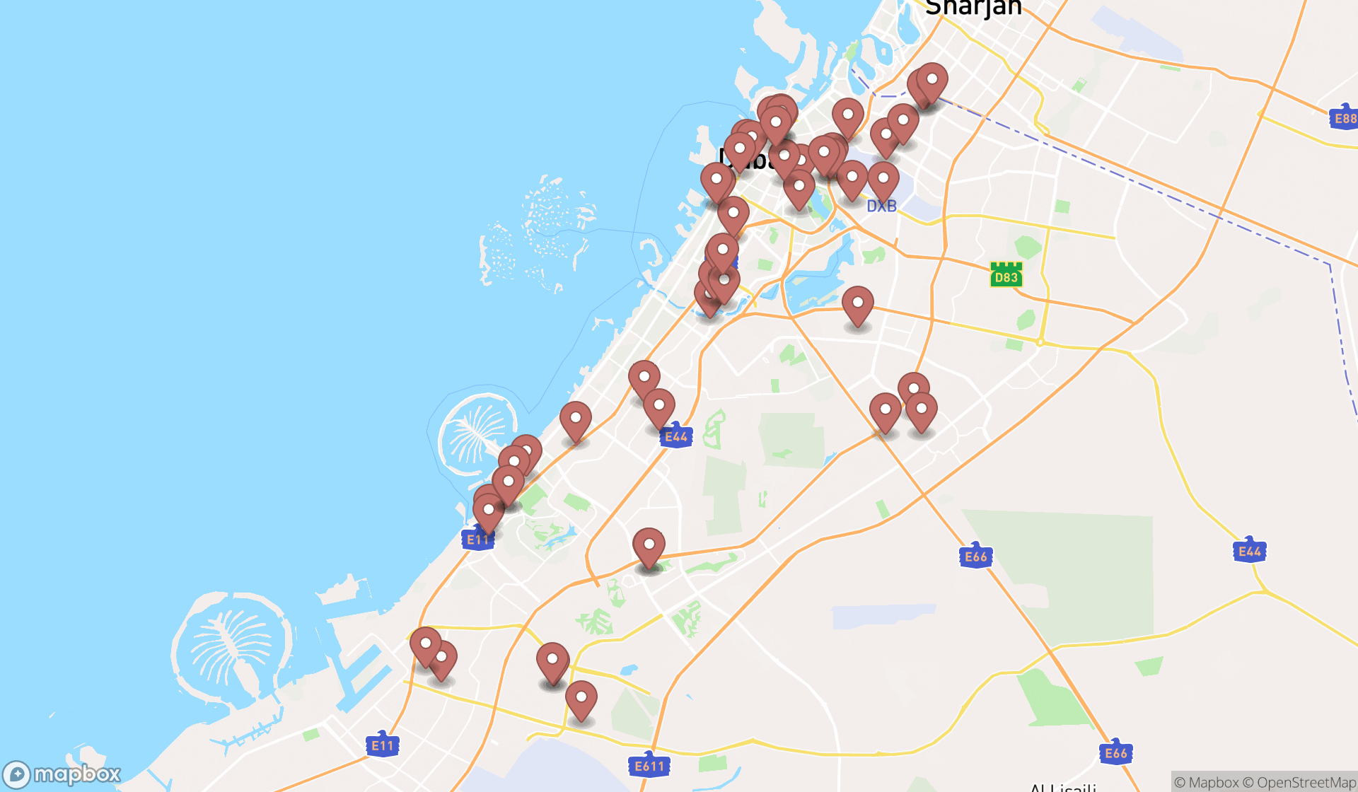 Map showing the search results in Dubai