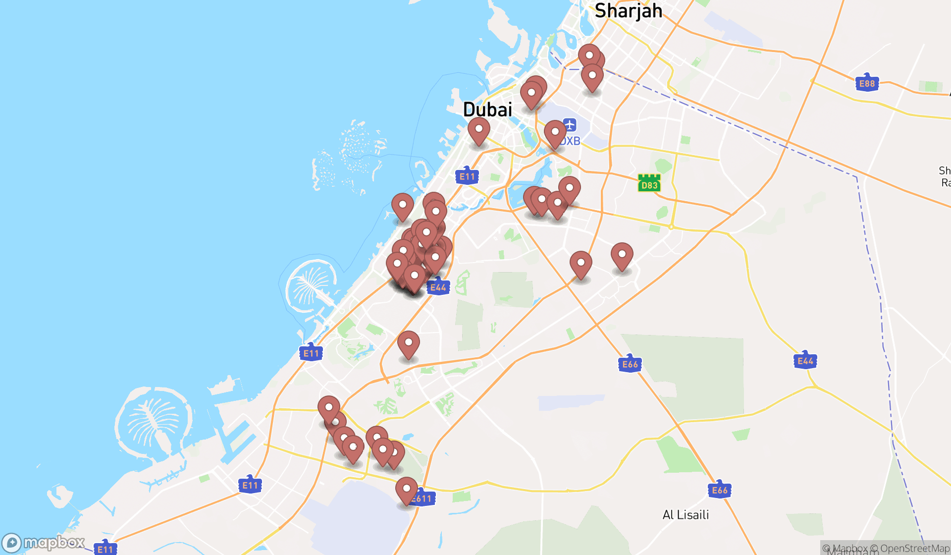 Map showing the search results in Dubai