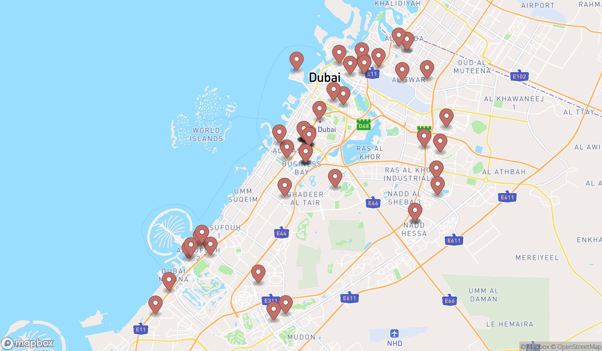 Map showing the search results in Dubai