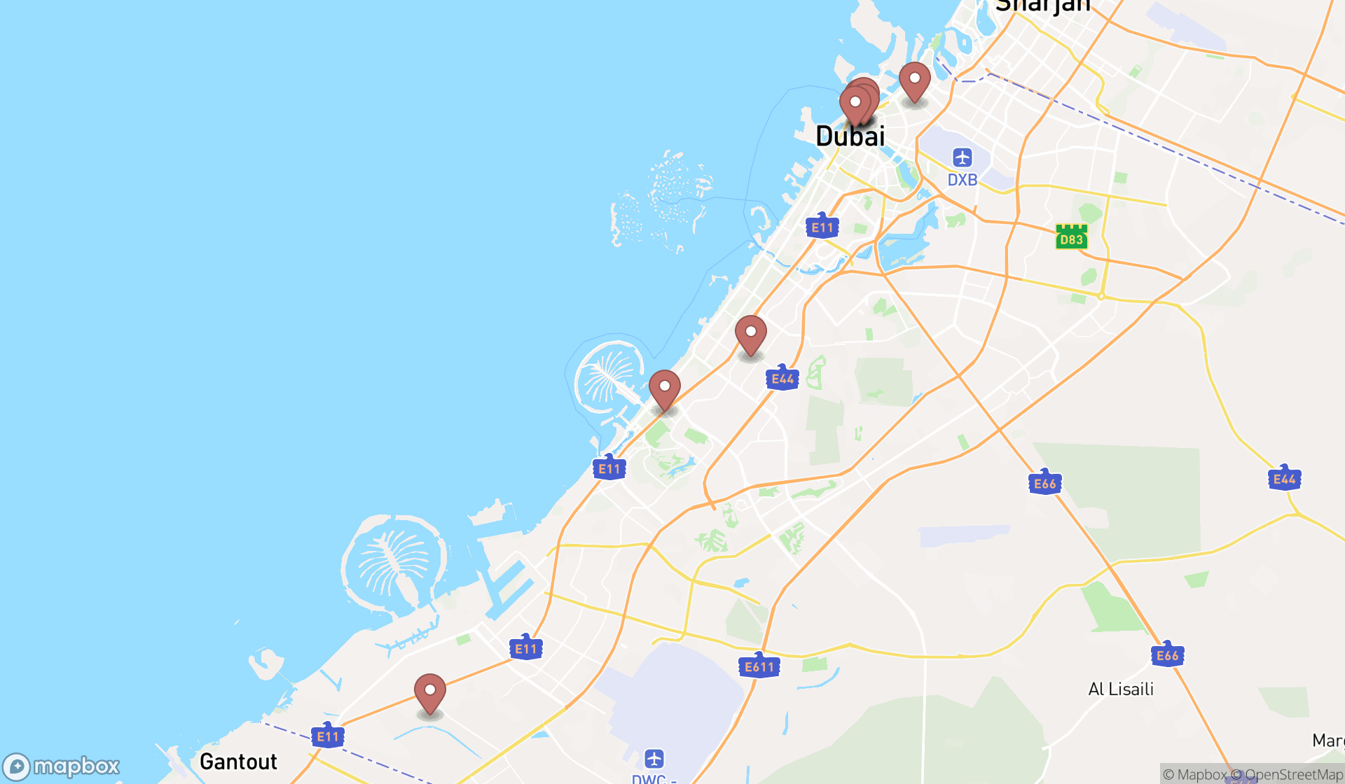 Map showing the search results in Dubai