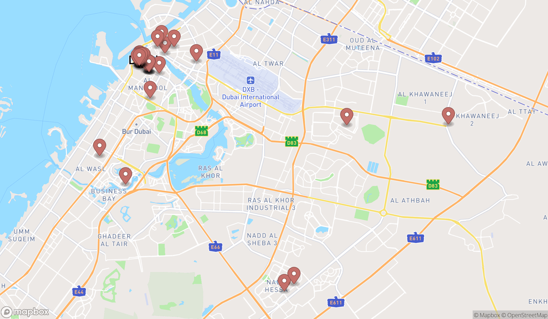 Map showing the search results in Dubai