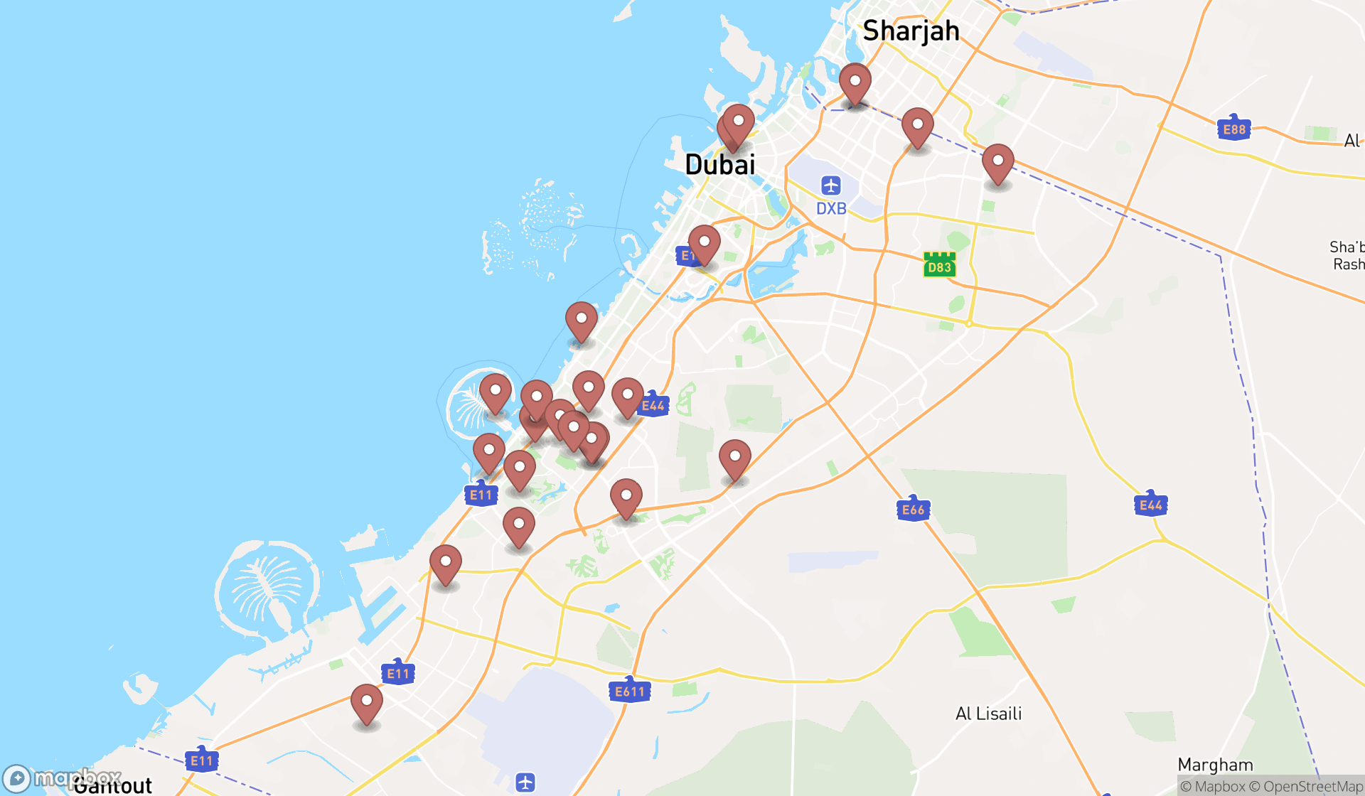Map showing the search results in Dubai