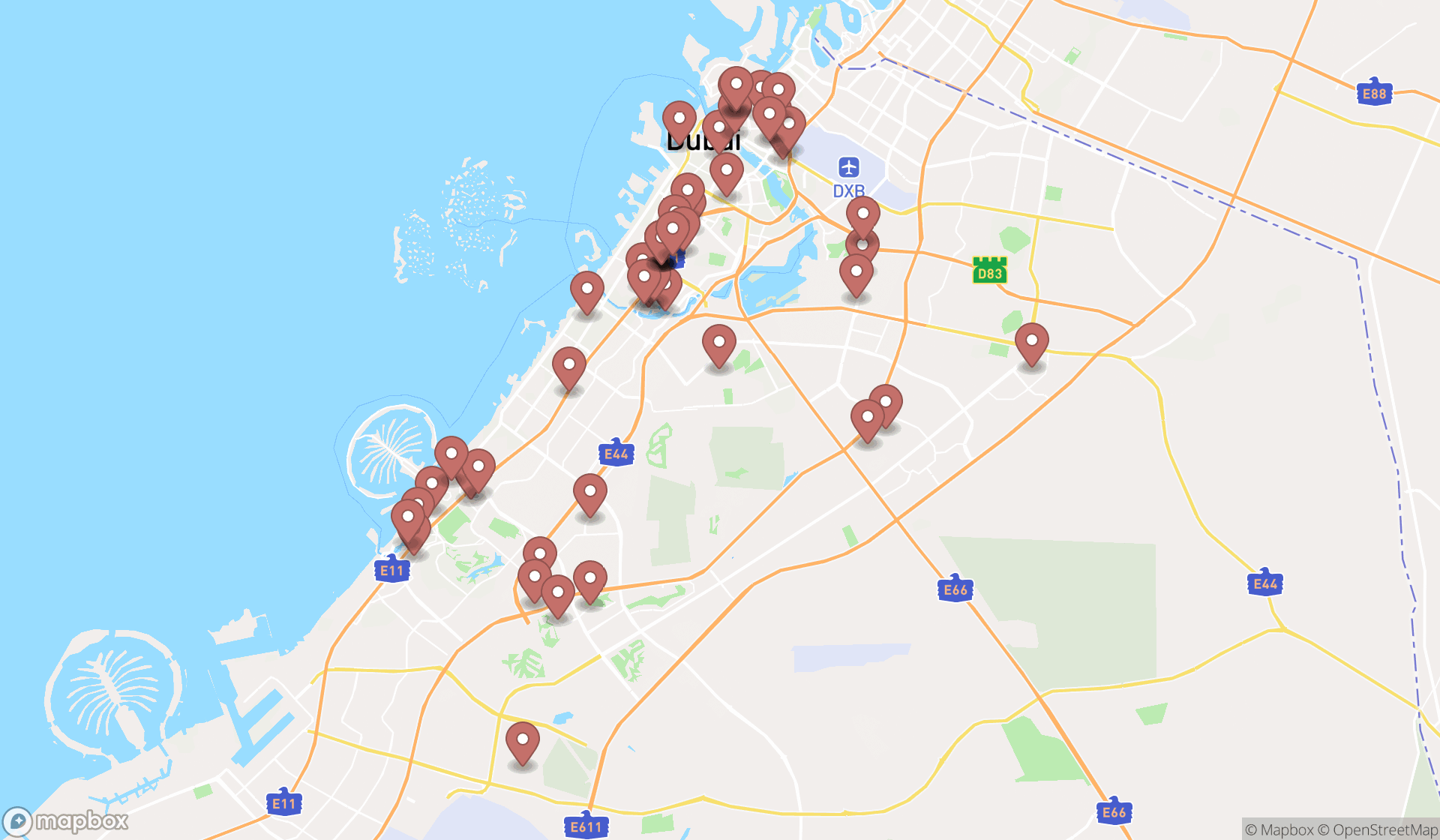 Map showing the search results in Dubai