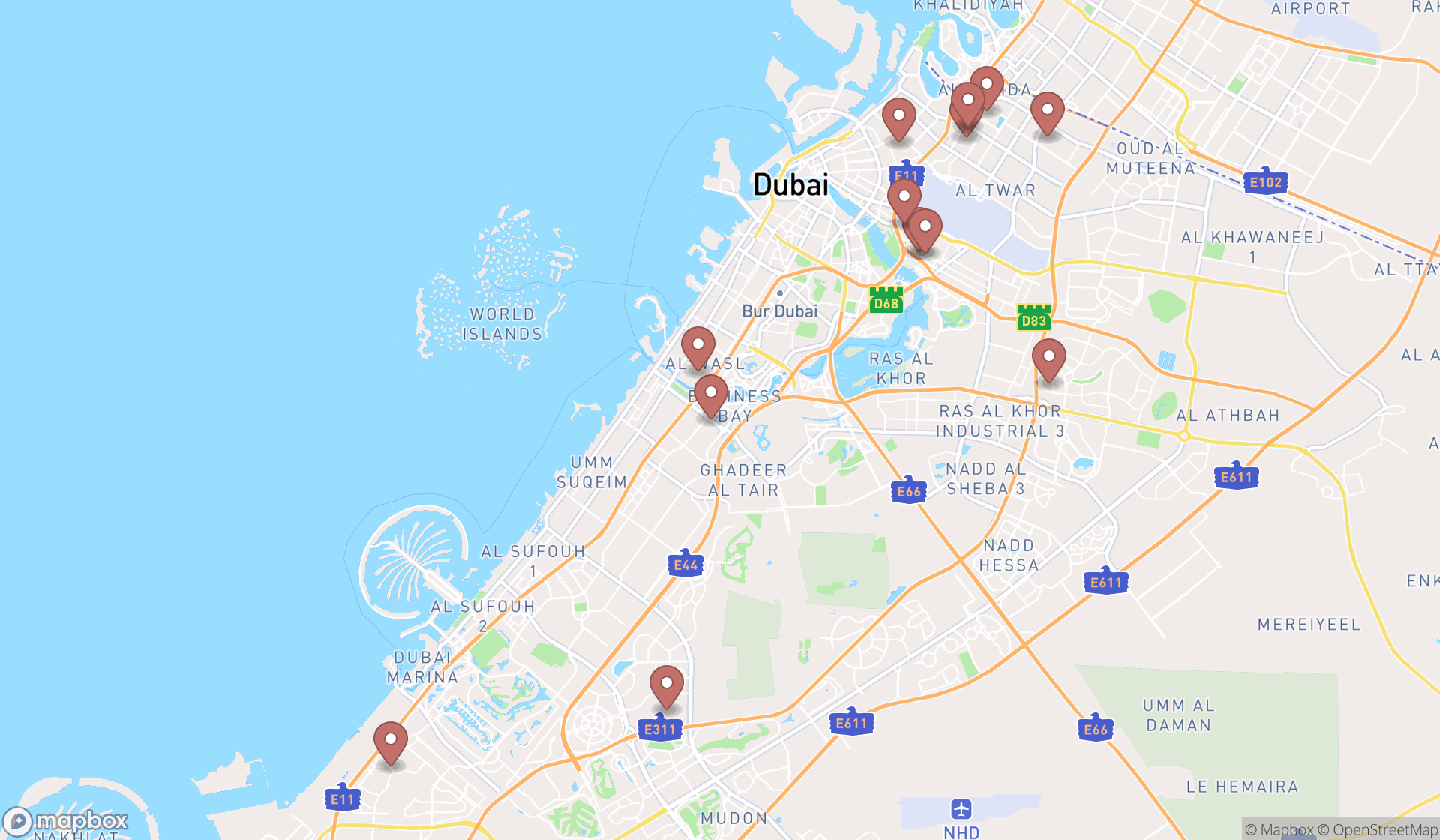 Map showing the search results in Dubai