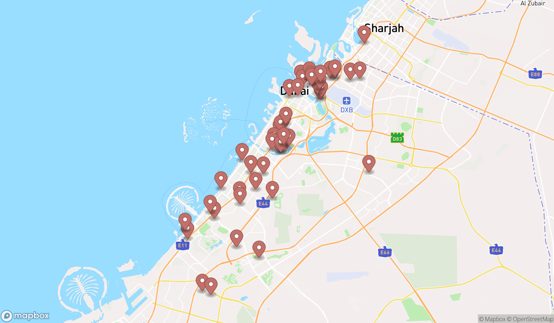 Map showing the search results in Dubai