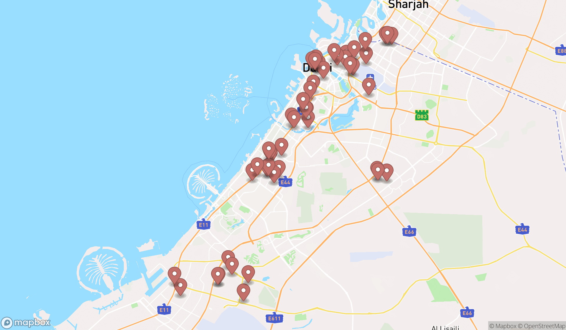 Map showing the search results in Dubai
