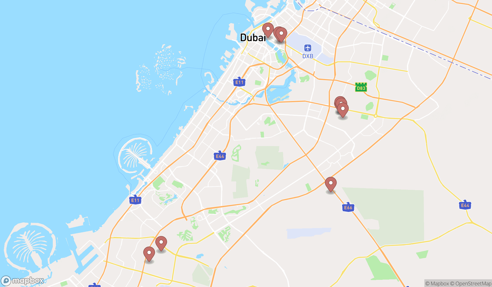 Map showing the search results in Dubai