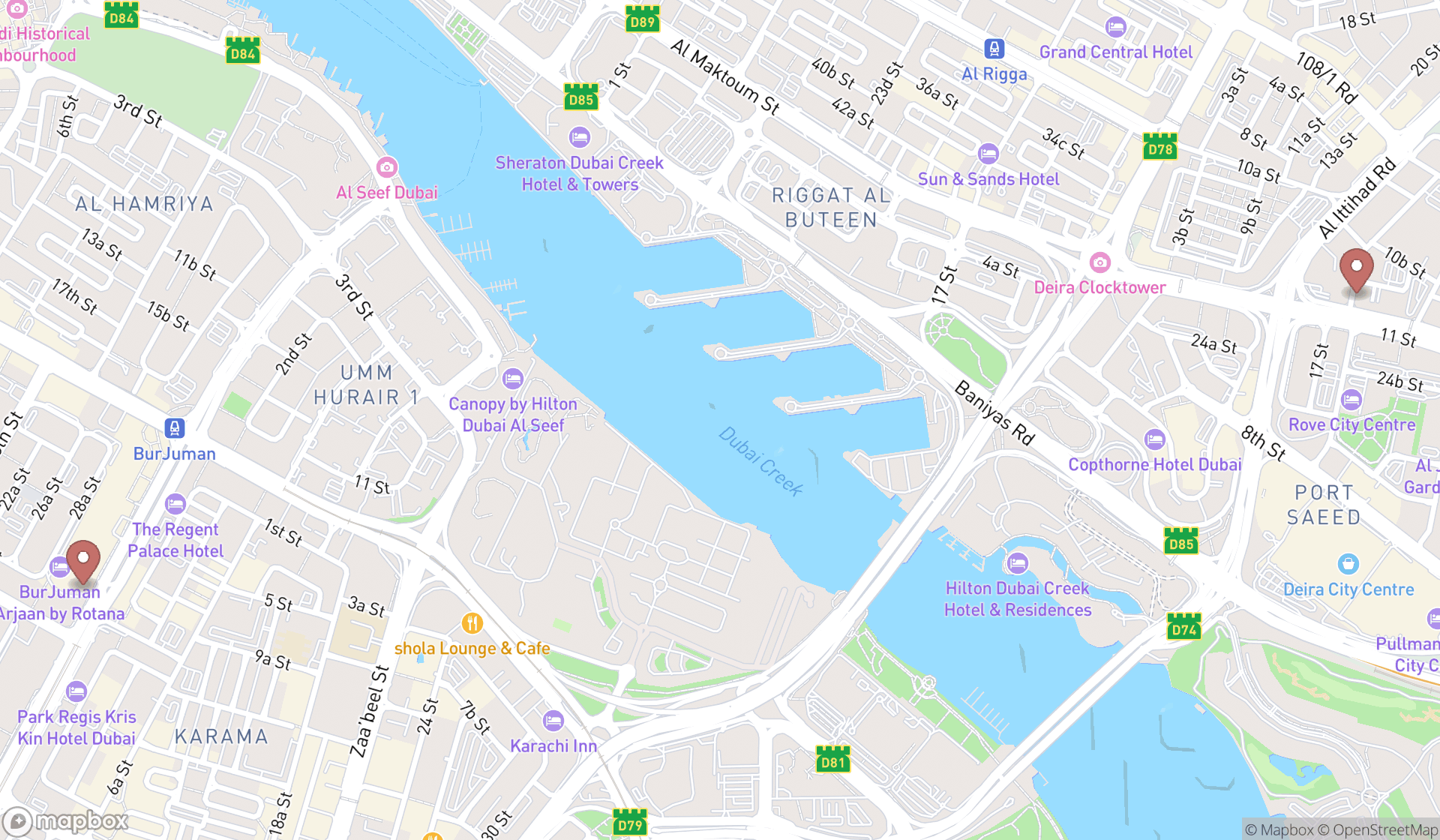 Map showing the search results in Dubai