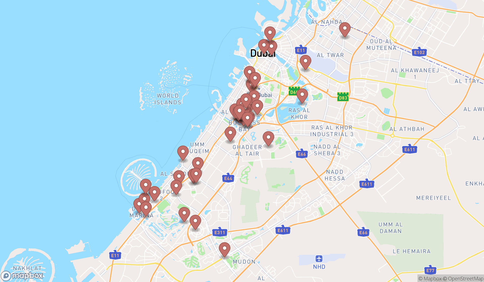 Map showing the search results in Dubai
