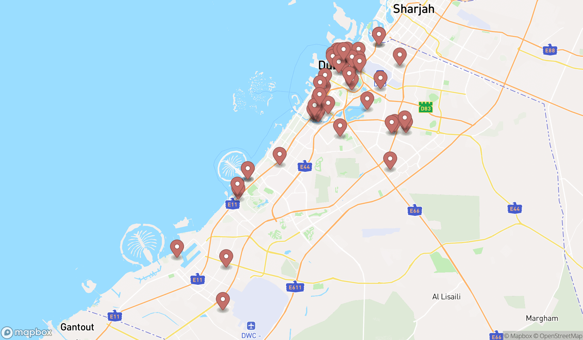 Map showing the search results in Dubai