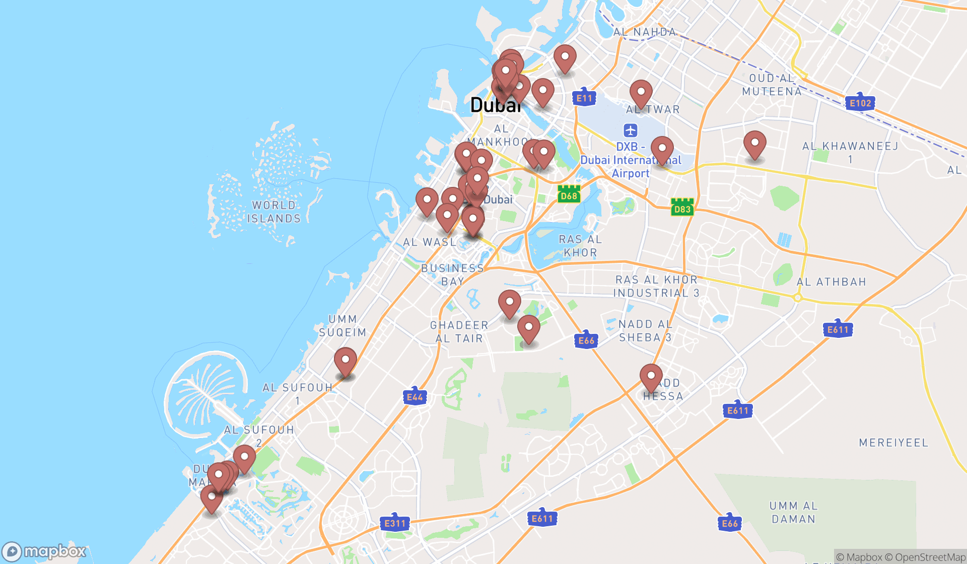Map showing the search results in Dubai