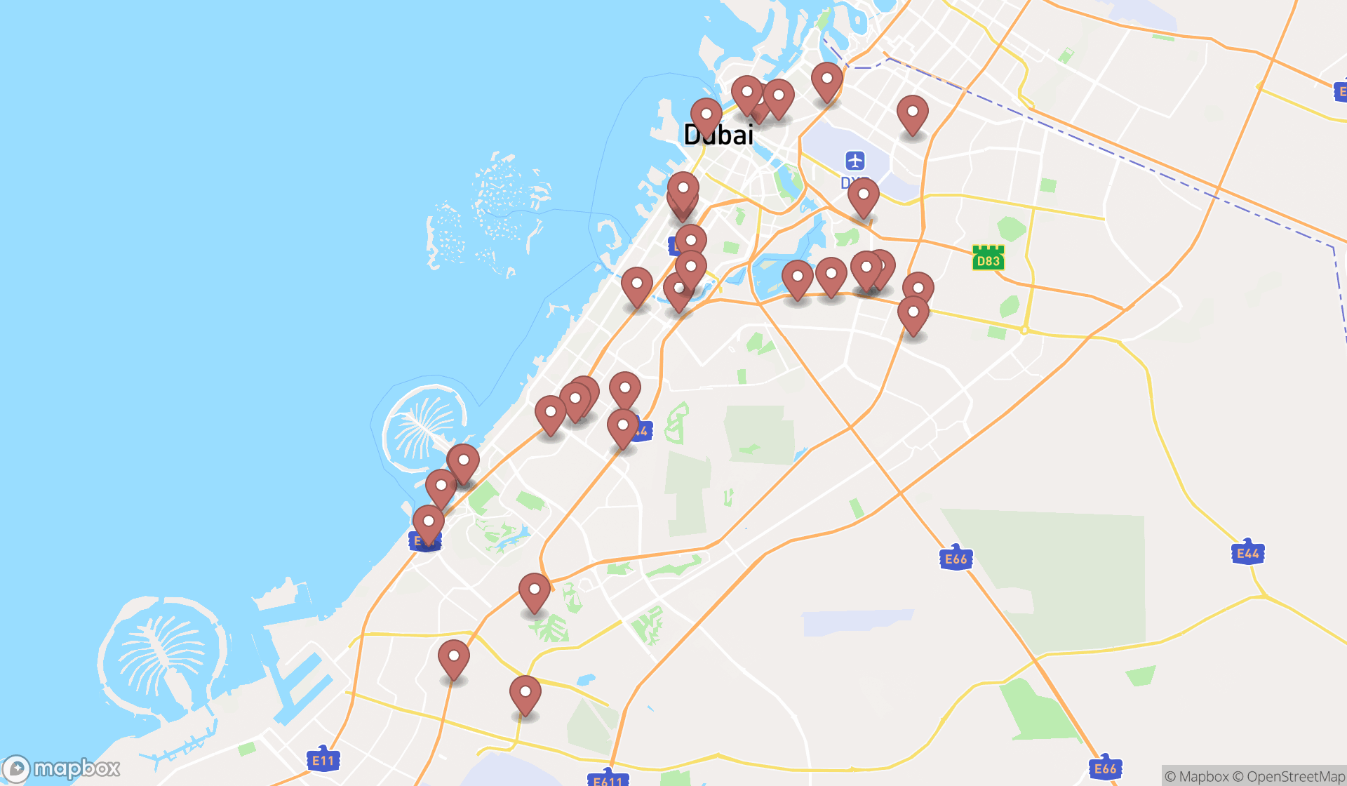 Map showing the search results in Dubai