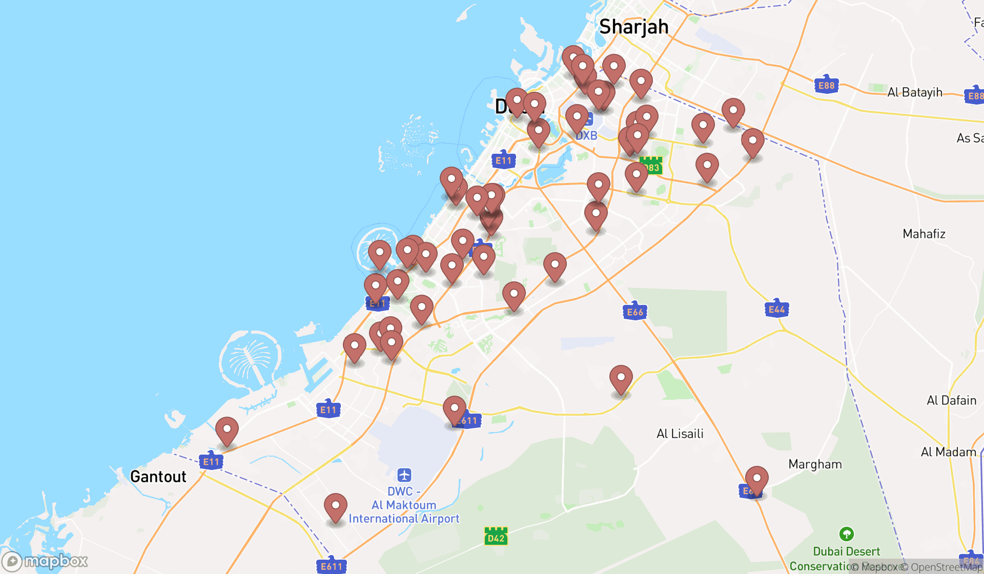 Map showing the search results in Dubai