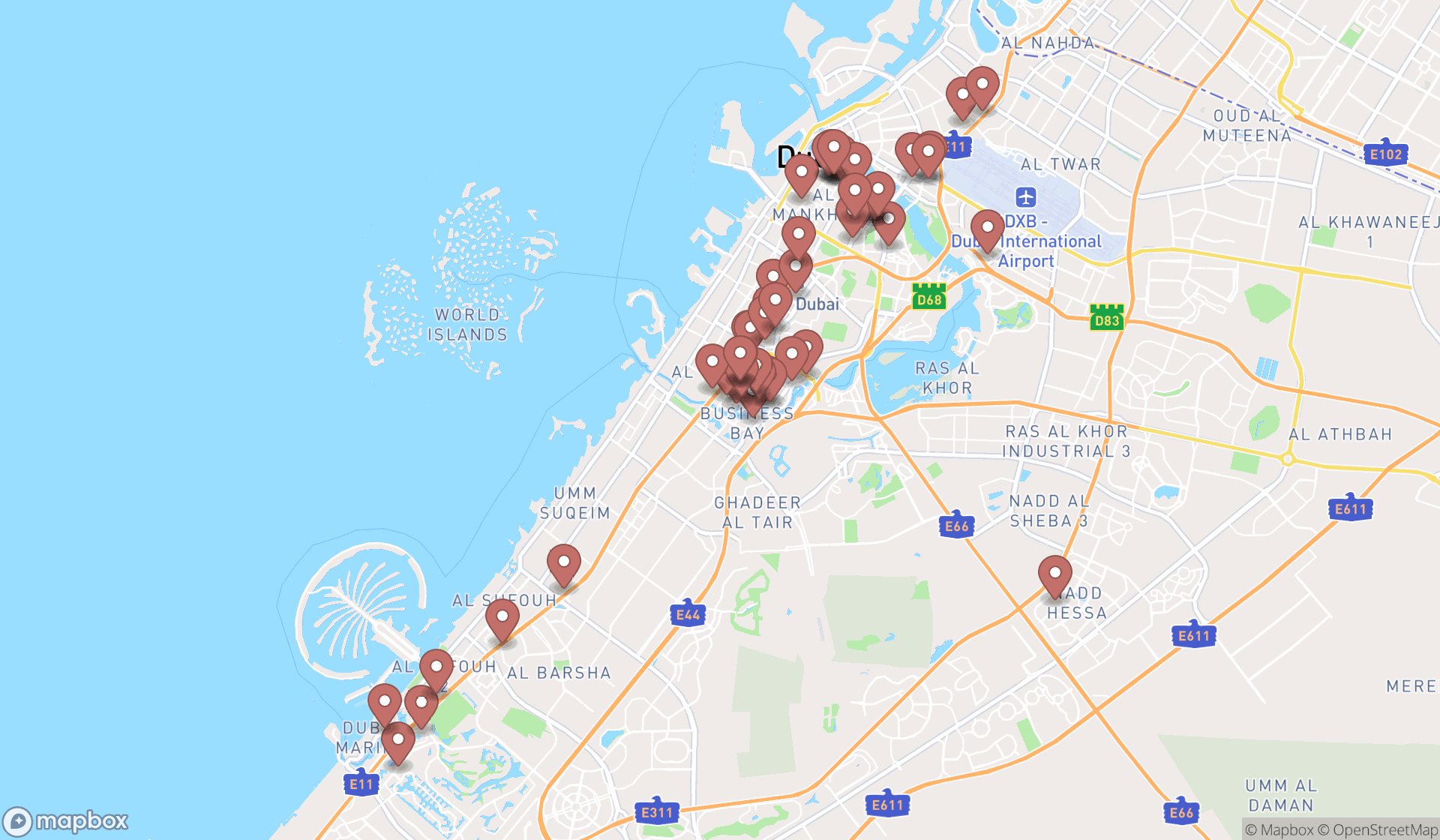 Map showing the search results in Dubai