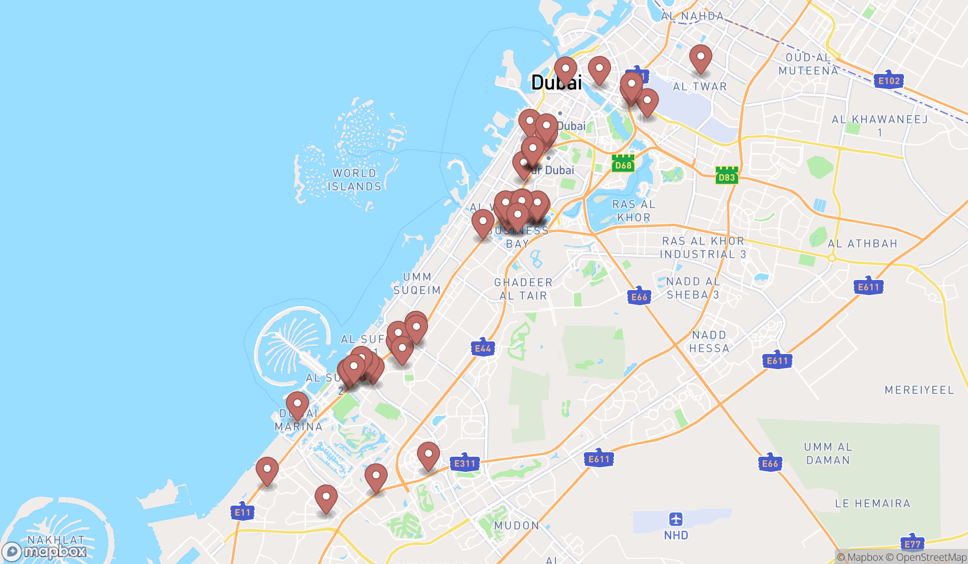 Map showing the search results in Dubai