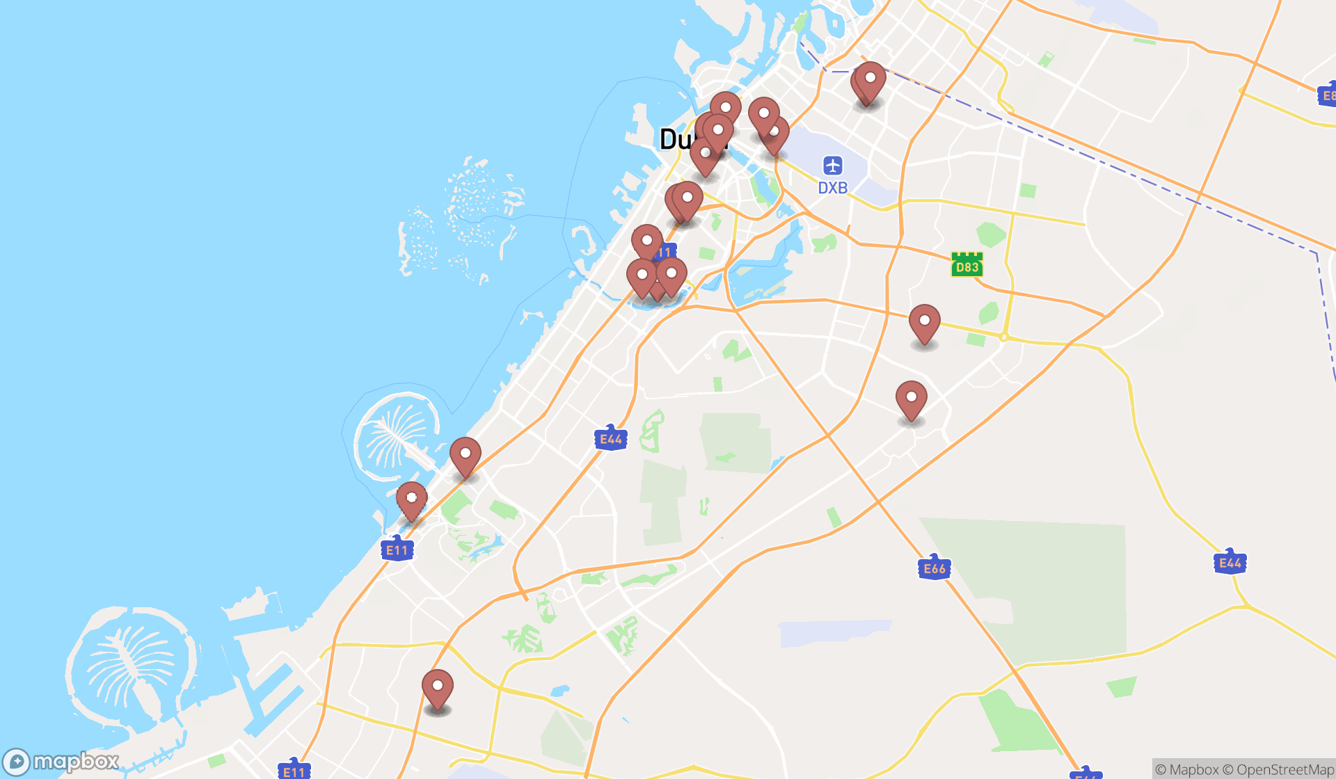 Map showing the search results in Dubai