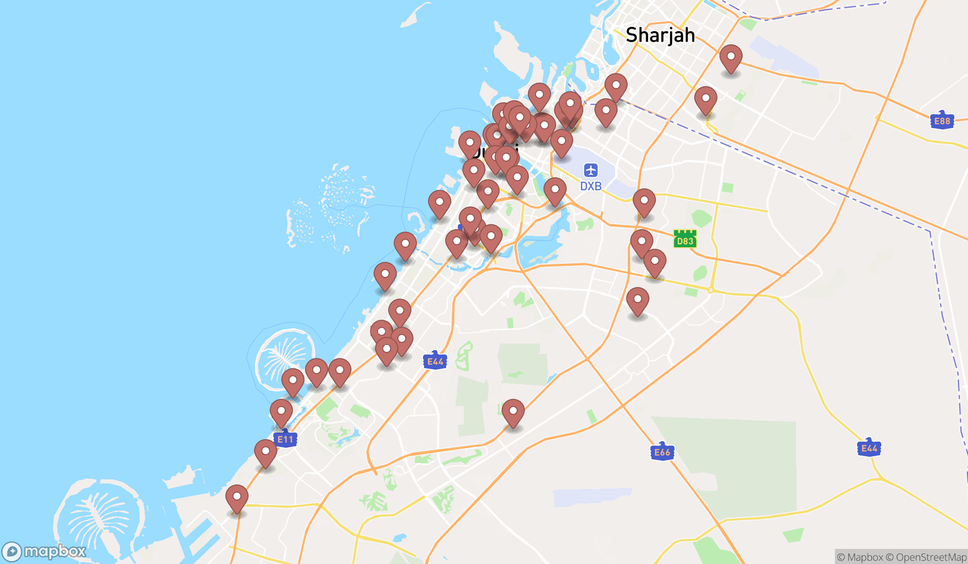 Map showing the search results in Dubai